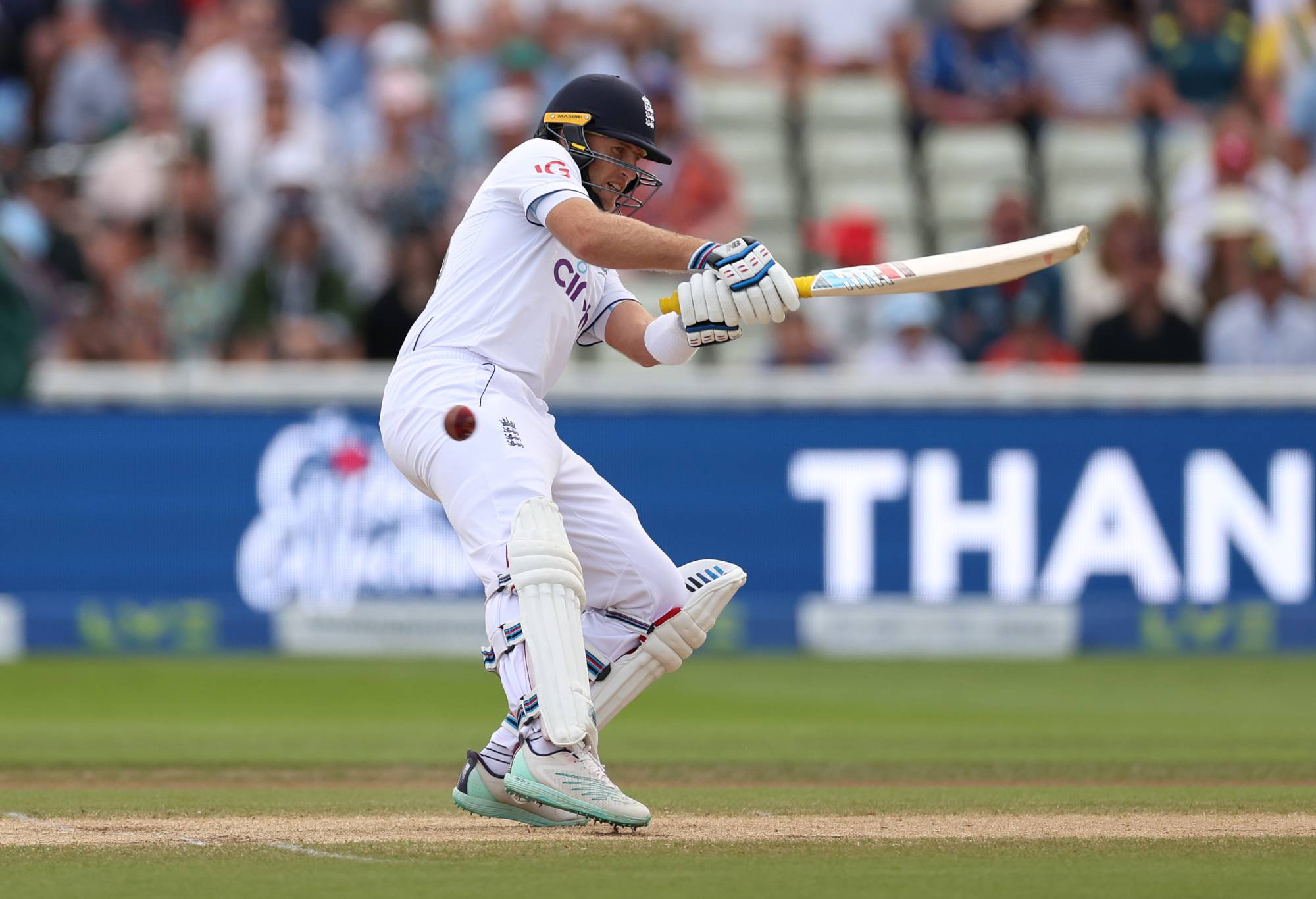 Joe Root of England attempts a ramp shot off the first ball of the day from Pat Cummins of Australia during Day Four of the LV= Insurance Ashes 1st Test match between England and Australia at Edgbaston on June 19, 2023 in Birmingham, England. (Photo by Ryan Pierse/Getty Images)