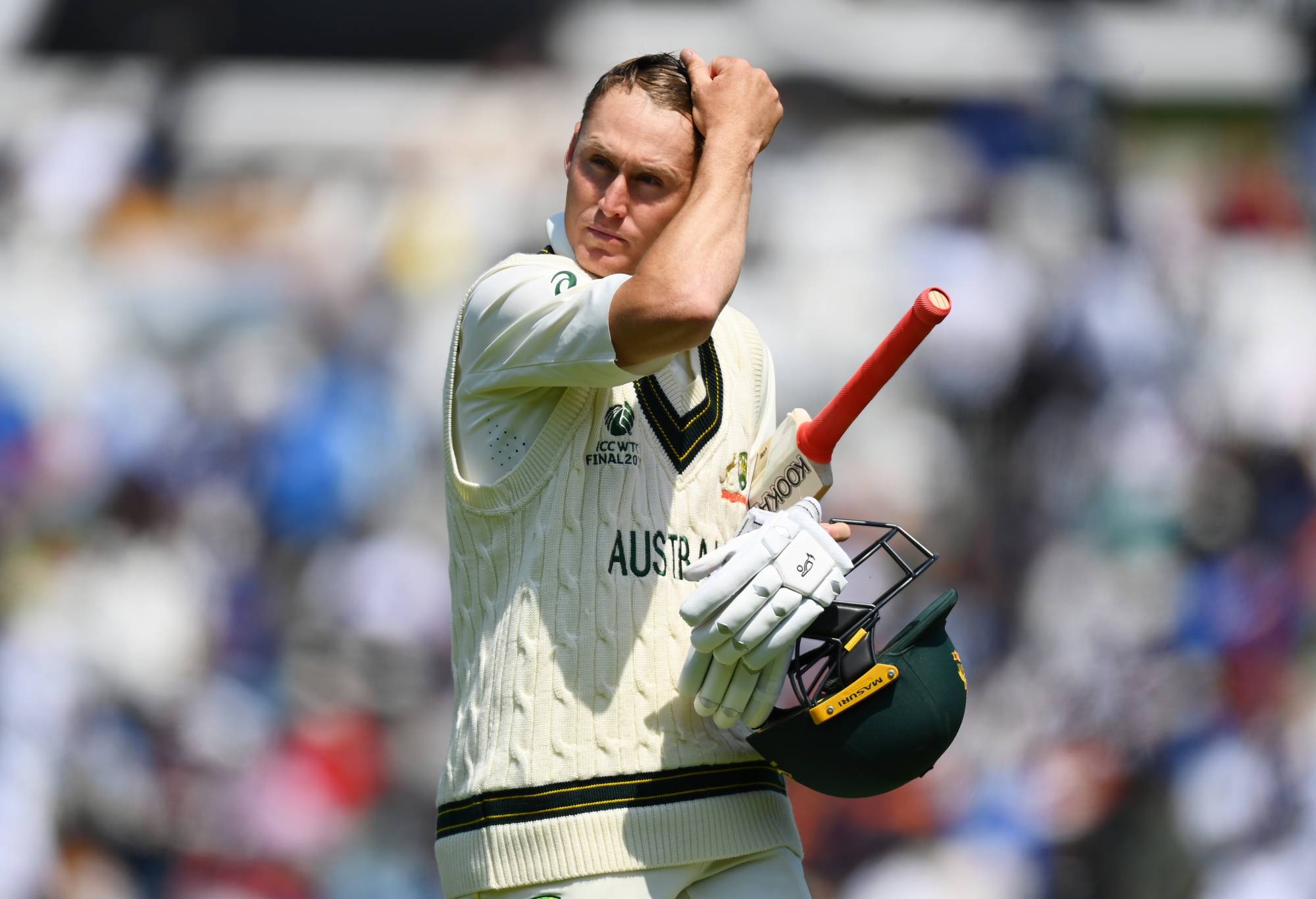 Marnus Labuschagne of Australia reacts after being bowled out by Mohammed Shami of Indiaduring day one of the ICC World Test Championship Final between Australia and India at The Oval on June 07, 2023 in London, England. (Photo by Alex Davidson-ICC/ICC via Getty Images)