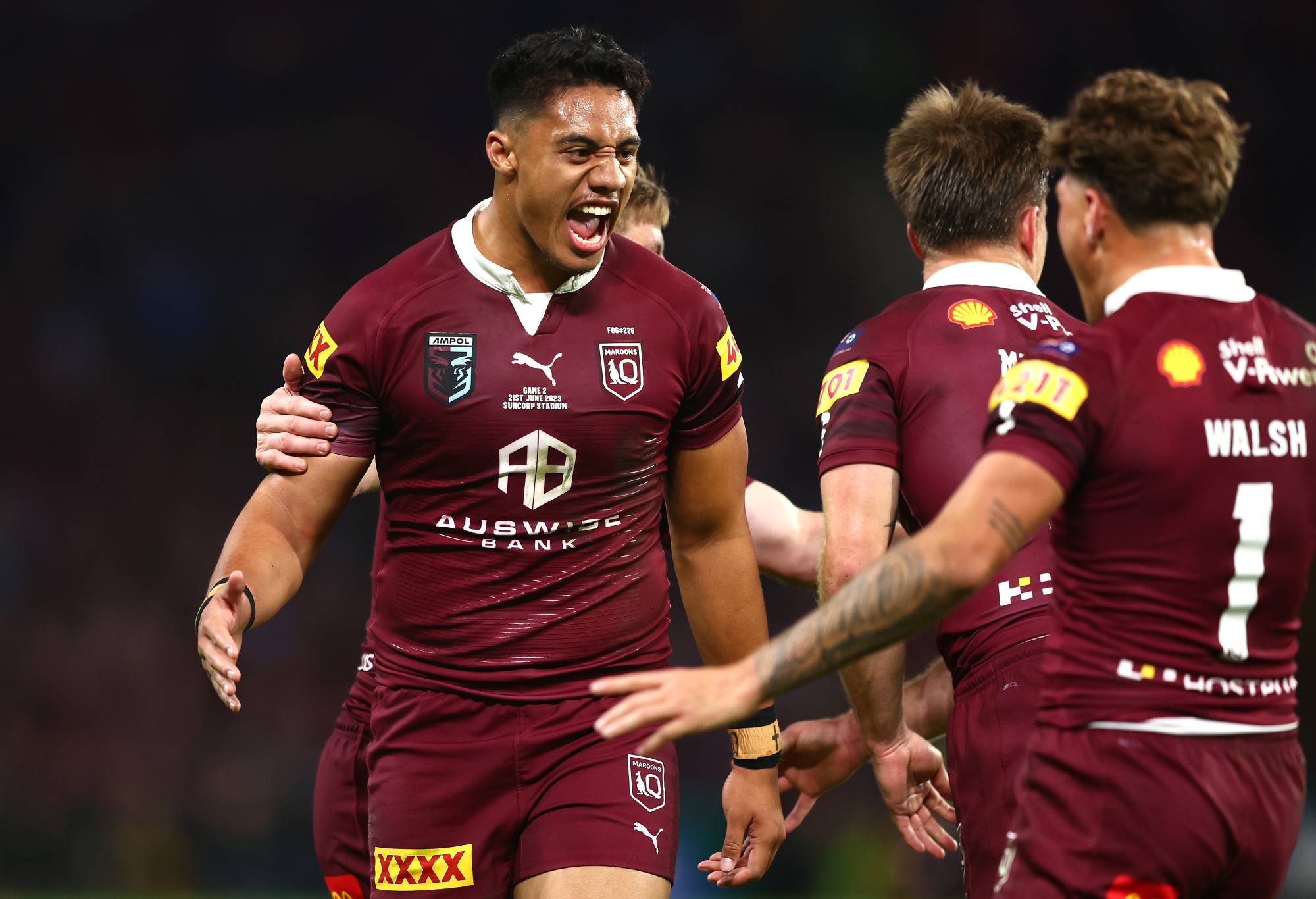Murray Taulagi of the Maroons celebrates during game two of the State of Origin series between the Queensland Maroons and the New South Wales Blues at Suncorp Stadium on June 21, 2023 in Brisbane, Australia. (Photo by Chris Hyde/Getty Images)