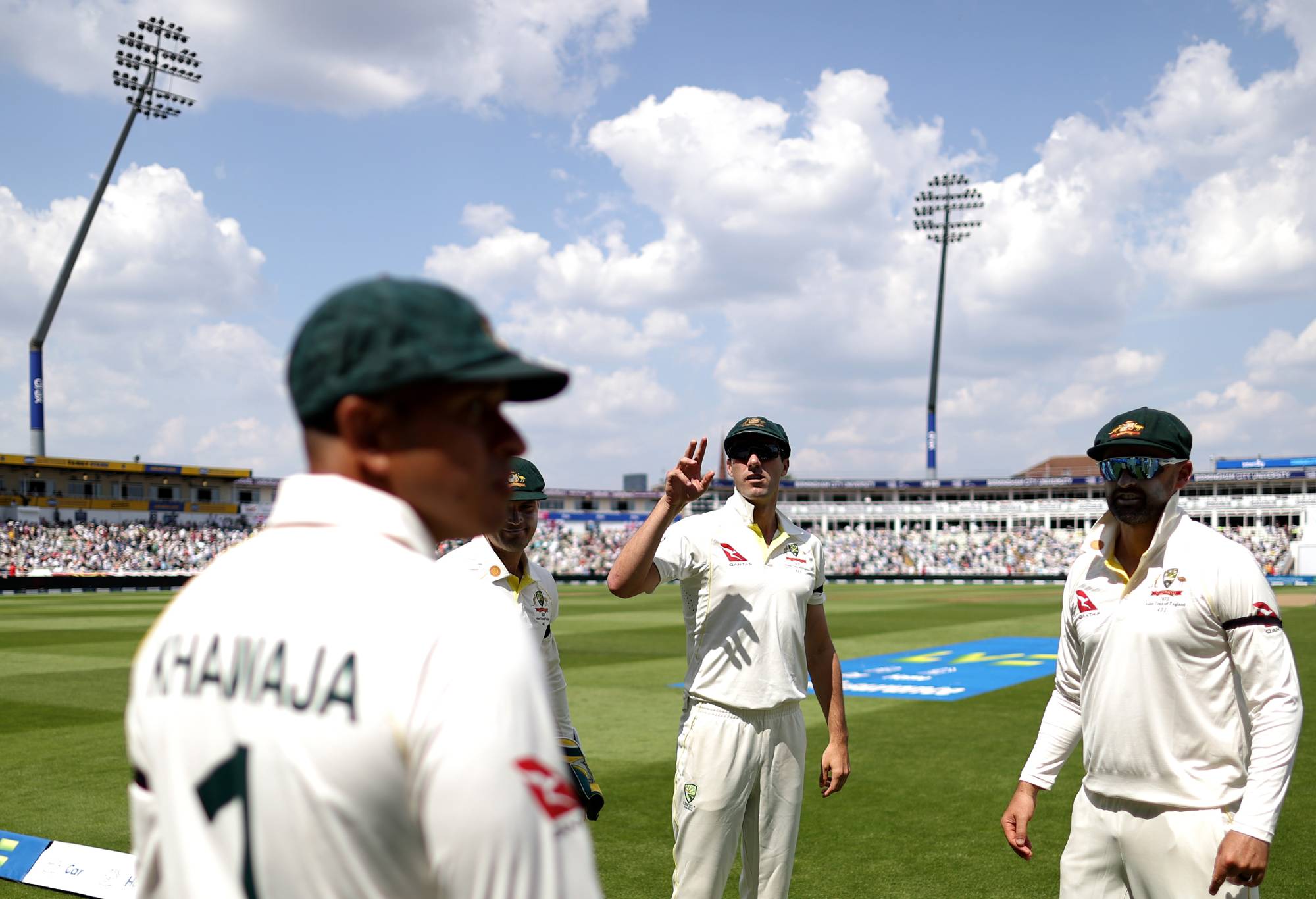 Pat Cummins of Australia speaks to his players during Day One of the LV= Insurance Ashes 1st Test match between England and Australia at Edgbaston on June 16, 2023 in Birmingham, England. (Photo by Ryan Pierse/Getty Images)