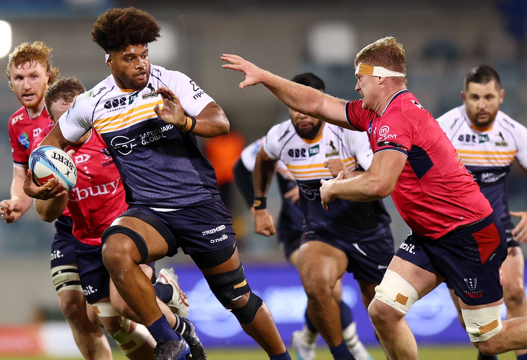 Robbie Valenti of the Brumbies makes a line break during the round 15 Super Rugby Pacific match between the ACT Brumbies and Melbourne Rebels at GIO Stadium, on June 02, 2023, in Canberra, Australia. (Photo by Mark Nolan/Getty Images)