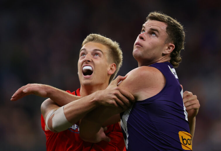 Nick Bryan and Sean Darcy of the Dockers contest the ruck.