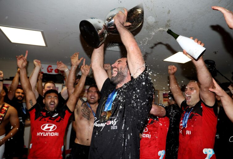 Samuel Whitelock of the Crusaders celebrates after winning the Super Rugby Pacific Final match between Chiefs and Crusaders at FMG Stadium Waikato, on June 24, 2023, in Hamilton, New Zealand. (Photo by Phil Walter/Getty Images)
