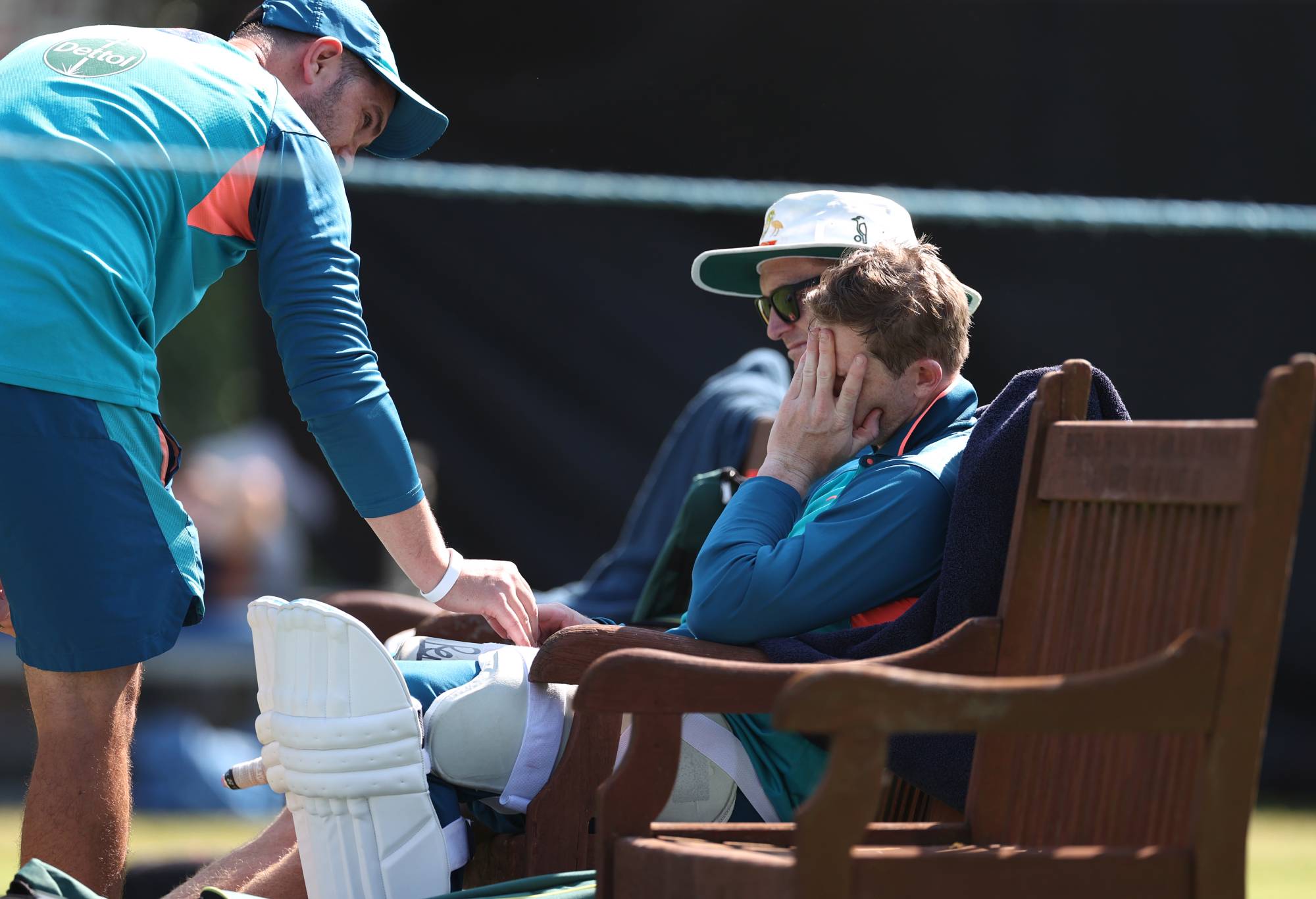 Steve Smith of Australia reacts after being struck on the finger in the nets during an Australia Nets Session at Edgbaston on June 14, 2023 in Birmingham, England. (Photo by Ryan Pierse/Getty Images)