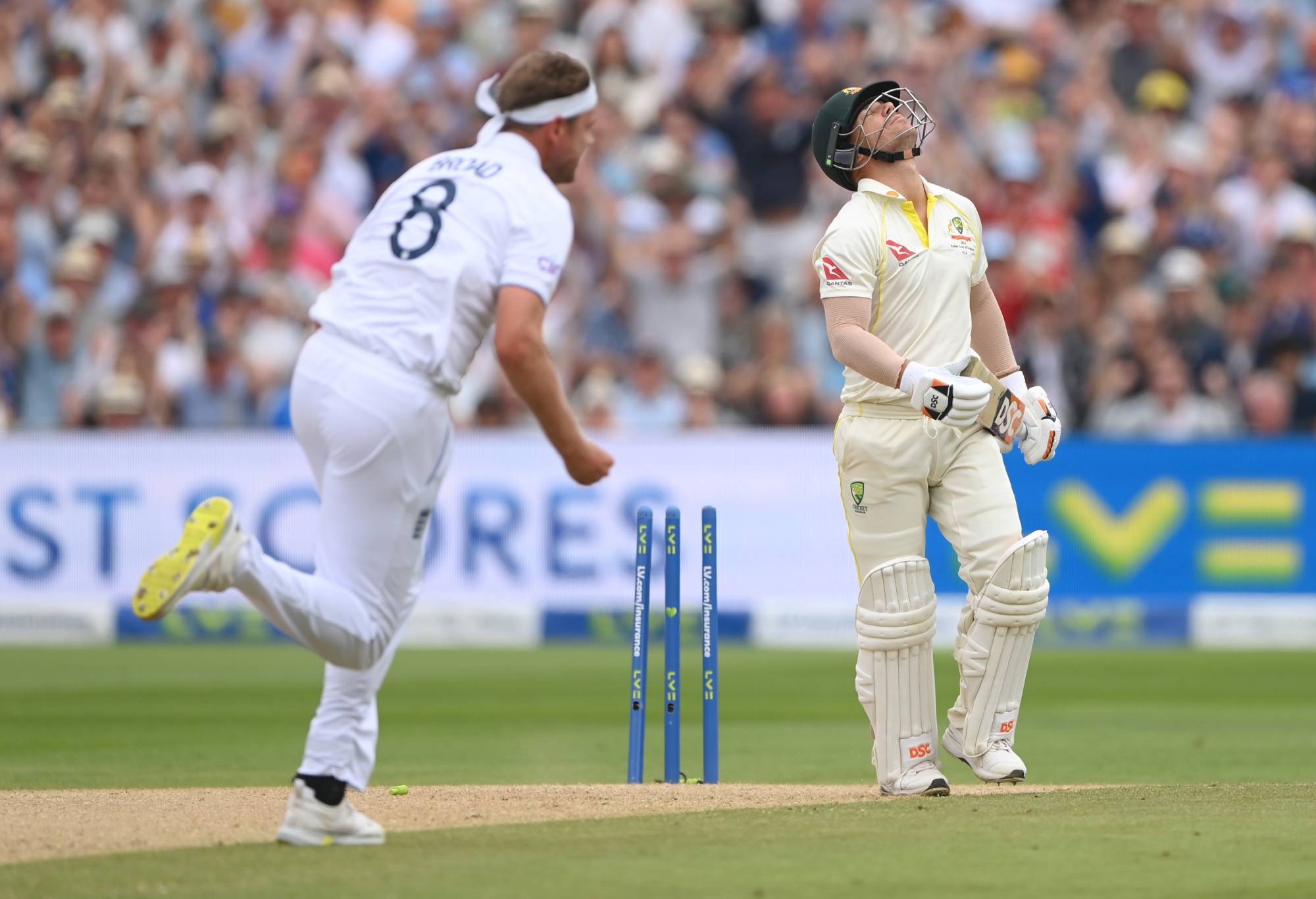 David Warner of Australia reacts after being dismissed by Stuart Broad of England during Day 2 of the LV= Insurance Ashes 1st Test match between England and Australia at Edgbaston on June 17, 2023 in Birmingham, England. (Photo by Stu Forster/Getty Images)
