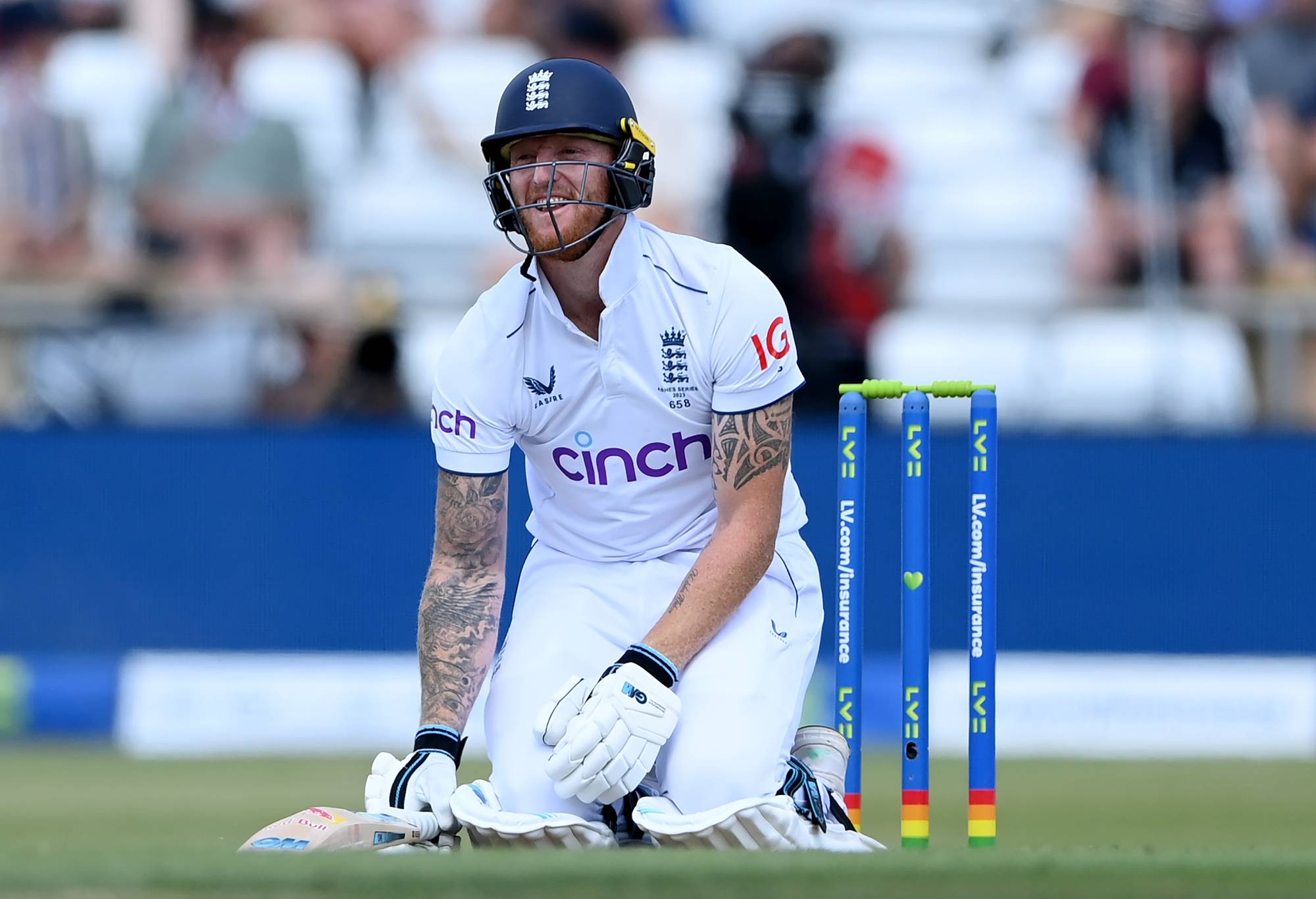 England captain Ben Stokes reacts after hit by a ball from Mitchell Starc of Australia during Day Two of the LV= Insurance Ashes 3rd Test Match between England and Australia at Headingley on July 07, 2023 in Leeds, England. (Photo by Stu Forster/Getty Images)