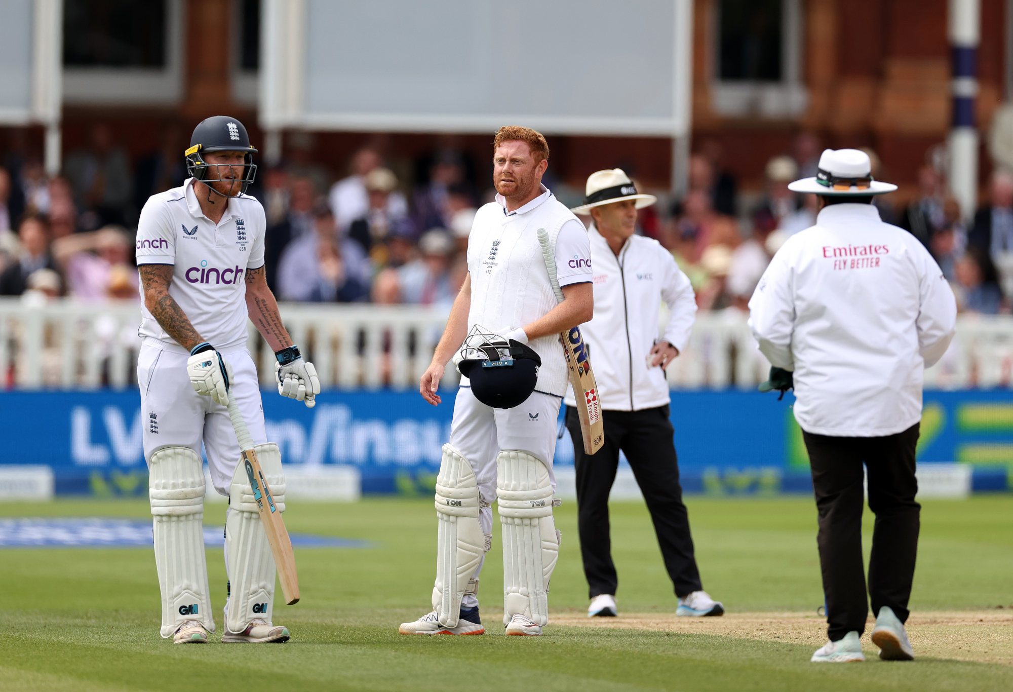 Ben Stokes speaks to the umpires after Jonny Bairstow was run out.