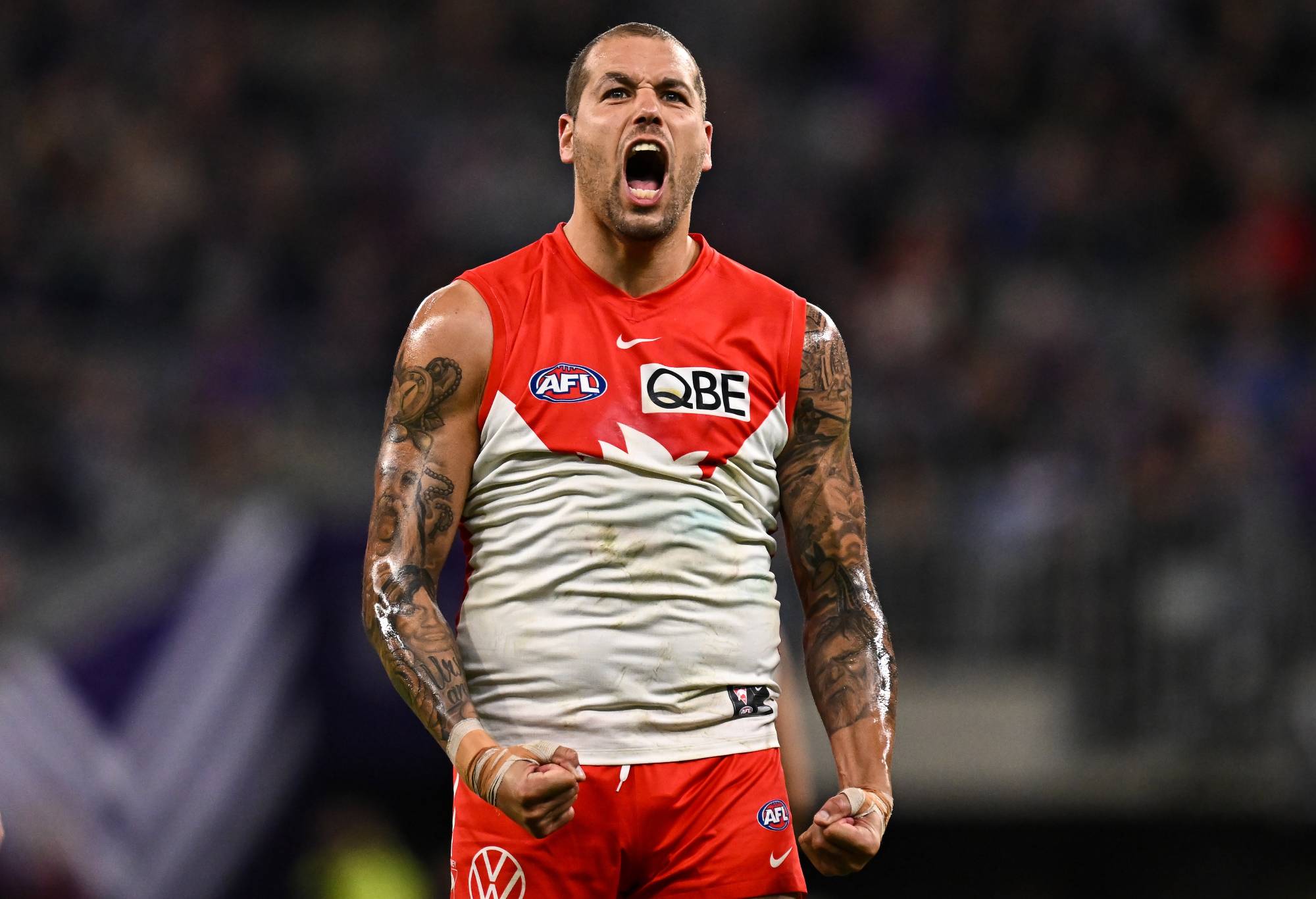 Lance Franklin of the Swans celebrates a goal during the 2023 AFL Round 19 match between the Fremantle Dockers and the Sydney Swans at Optus Stadium on July 22, 2023 in Perth, Australia. (Photo by Daniel Carson/AFL Photos via Getty Images)