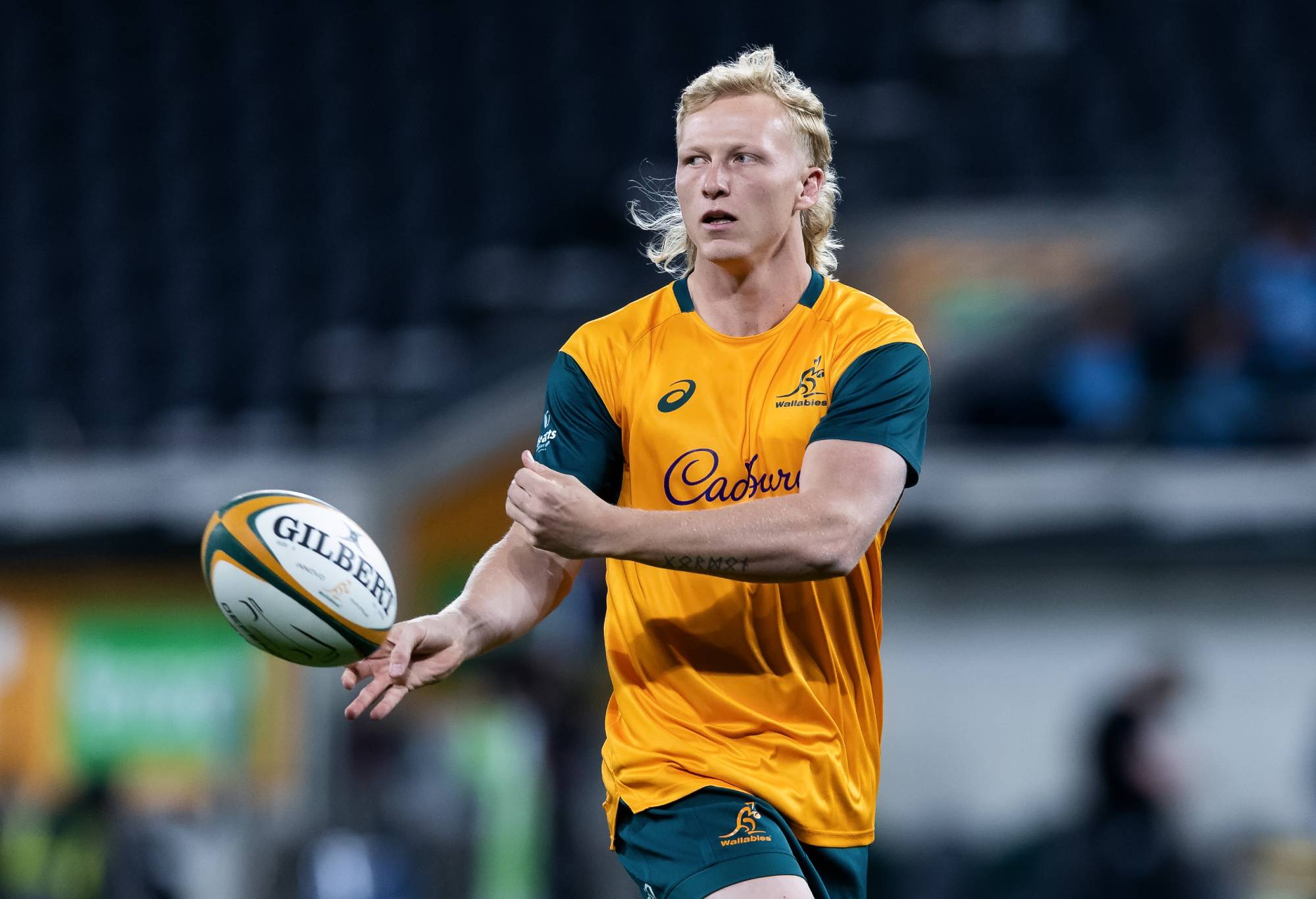Carter Gordon of Wallabies warms up during the Rugby Championship match between Australia and Argentina at CommBank Stadium on July 15, 2023 in Sydney, Australia. (Photo by Pete Dovgan/Speed Media/Icon Sportswire via Getty Images)