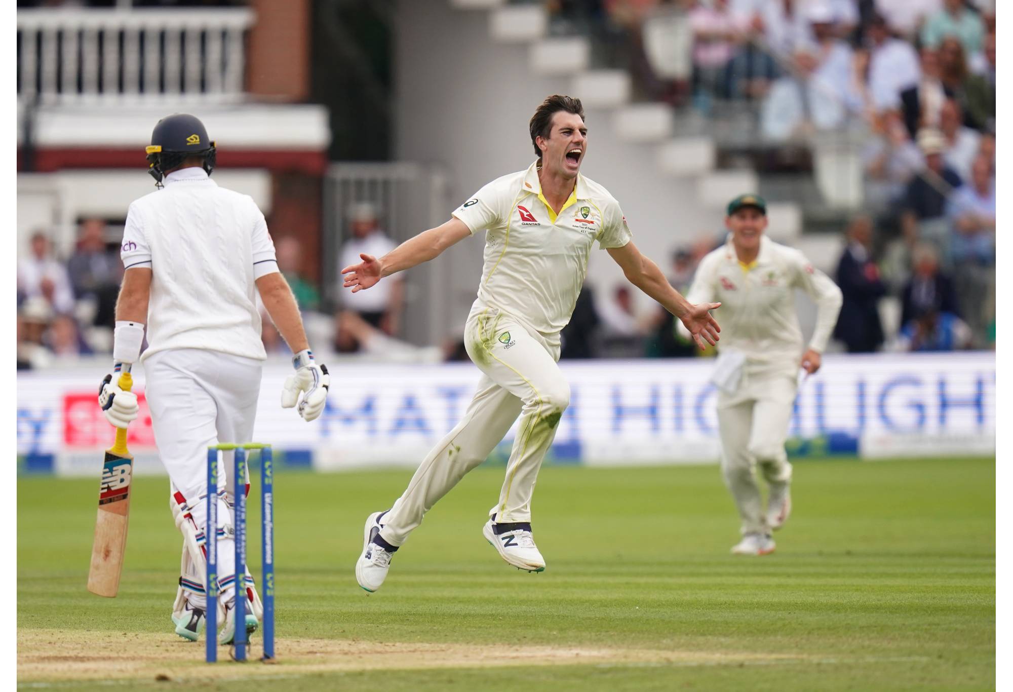 Australia's Pat Cummins celebrates taking the wicket of England's Joe Root during day four of the second Ashes test match at Lord's, London. Picture date: Saturday July 1, 2023. (Photo by Adam Davy/PA Images via Getty Images)