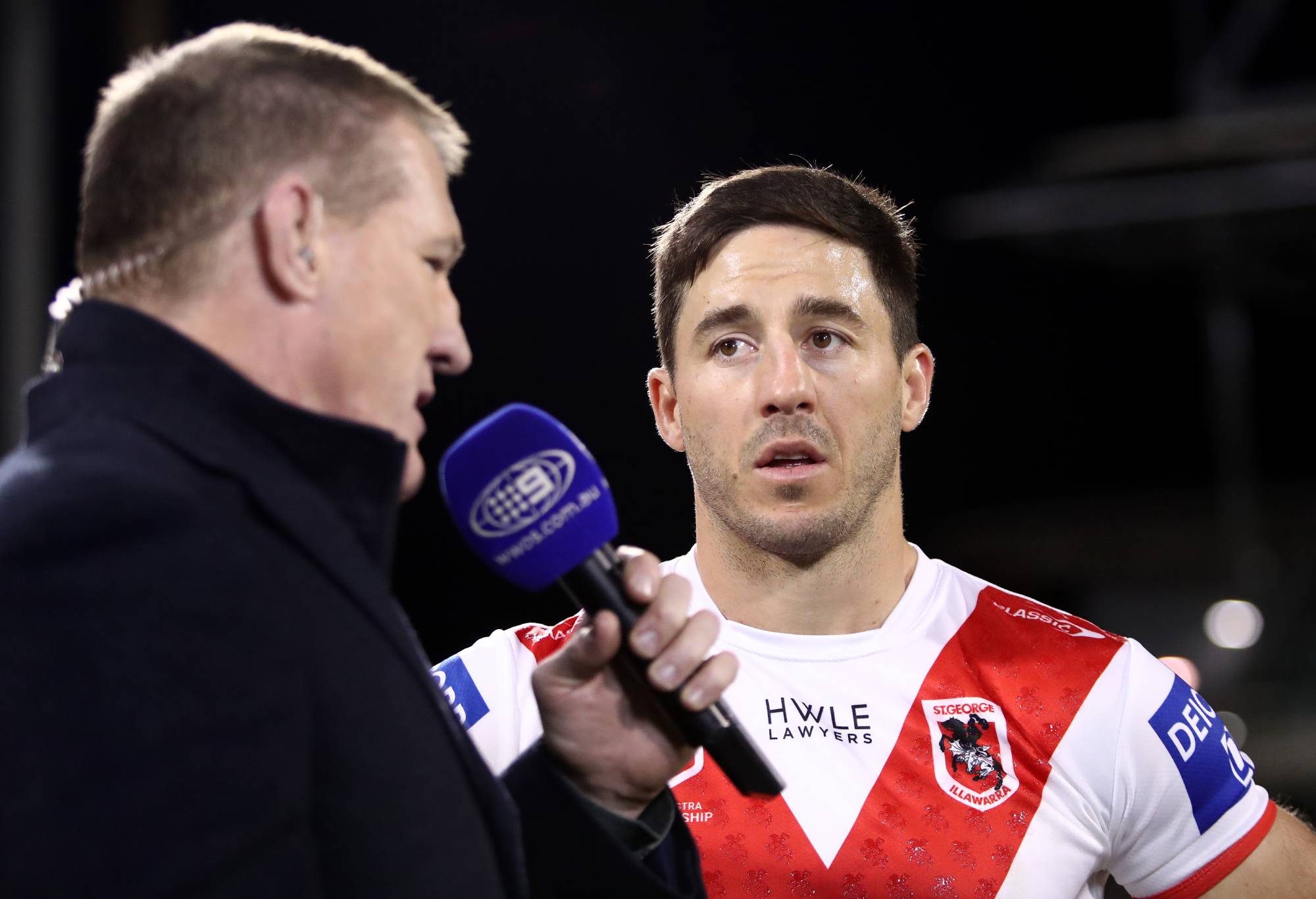 WOLLONGONG, AUSTRALIA - JUNE 23: Ben Hunt of the Dragons is interviewed by Paul Gallen after the round 17 NRL match between St George Illawarra Dragons and New Zealand Warriors at WIN Stadium on June 23, 2023 in Wollongong, Australia. (Photo by Jason McCawley/Getty Images)