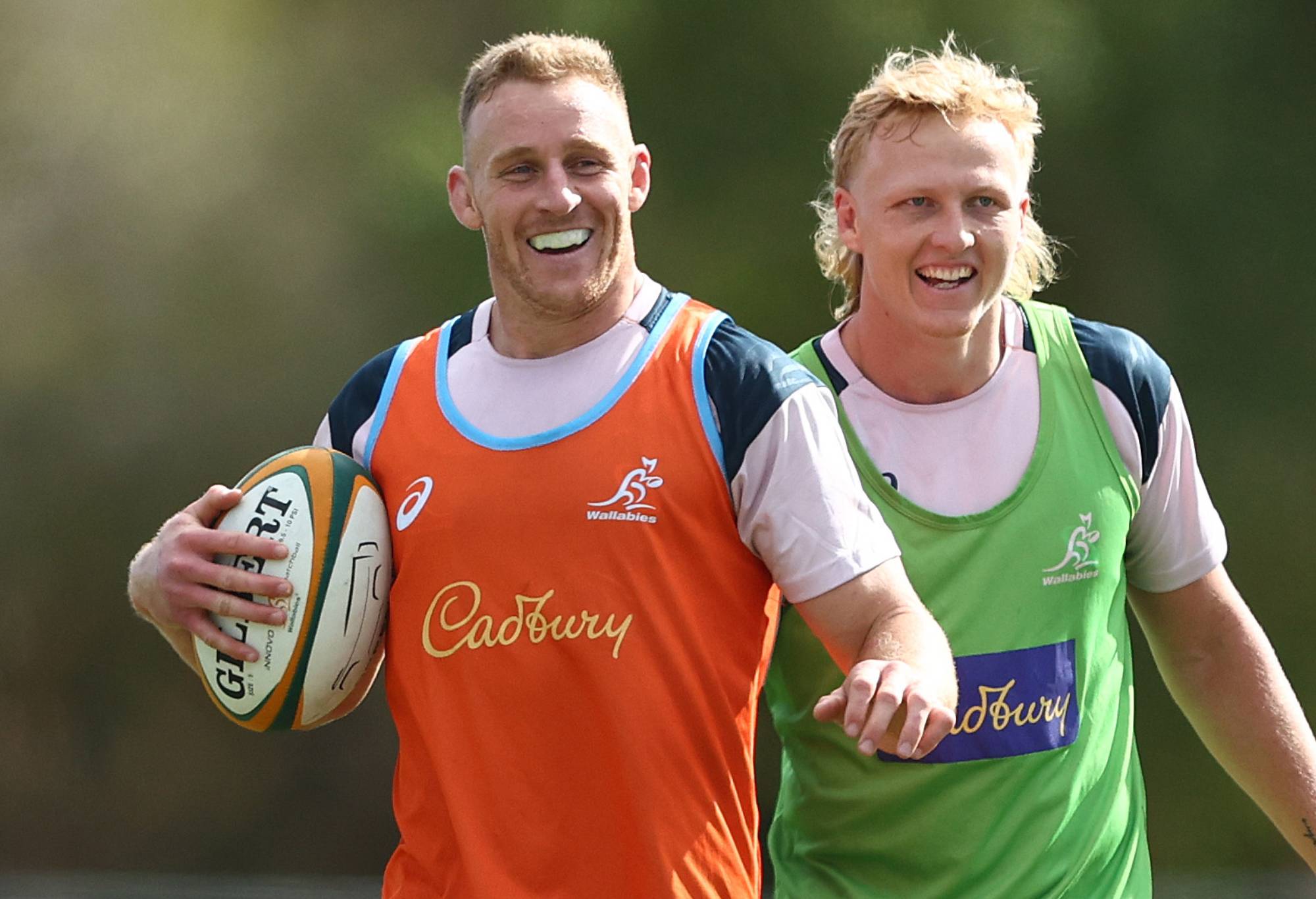 Reece Hodge and Carter Gordon during the Australian Wallabies training session at Sanctuary Cove on June 29, 2023 in Gold Coast, Australia. (Photo by Chris Hyde/Getty Images)