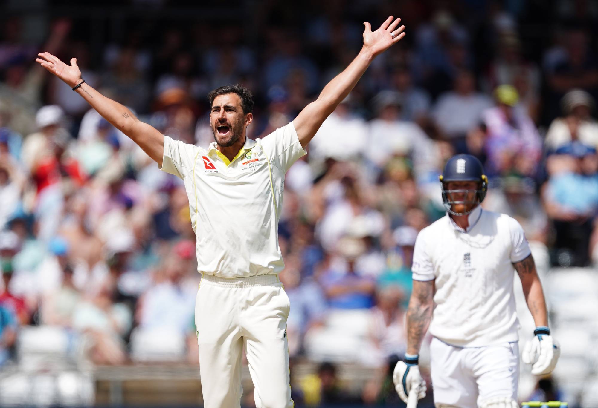 Australia's Mitchell Starc appeals successfully for the wicket of England's Ben Stokes during day four of the third LV= Insurance Ashes Series test match at Headingley, Leeds. Picture date: Sunday July 9, 2023. (Photo by Mike Egerton/PA Images via Getty Images)