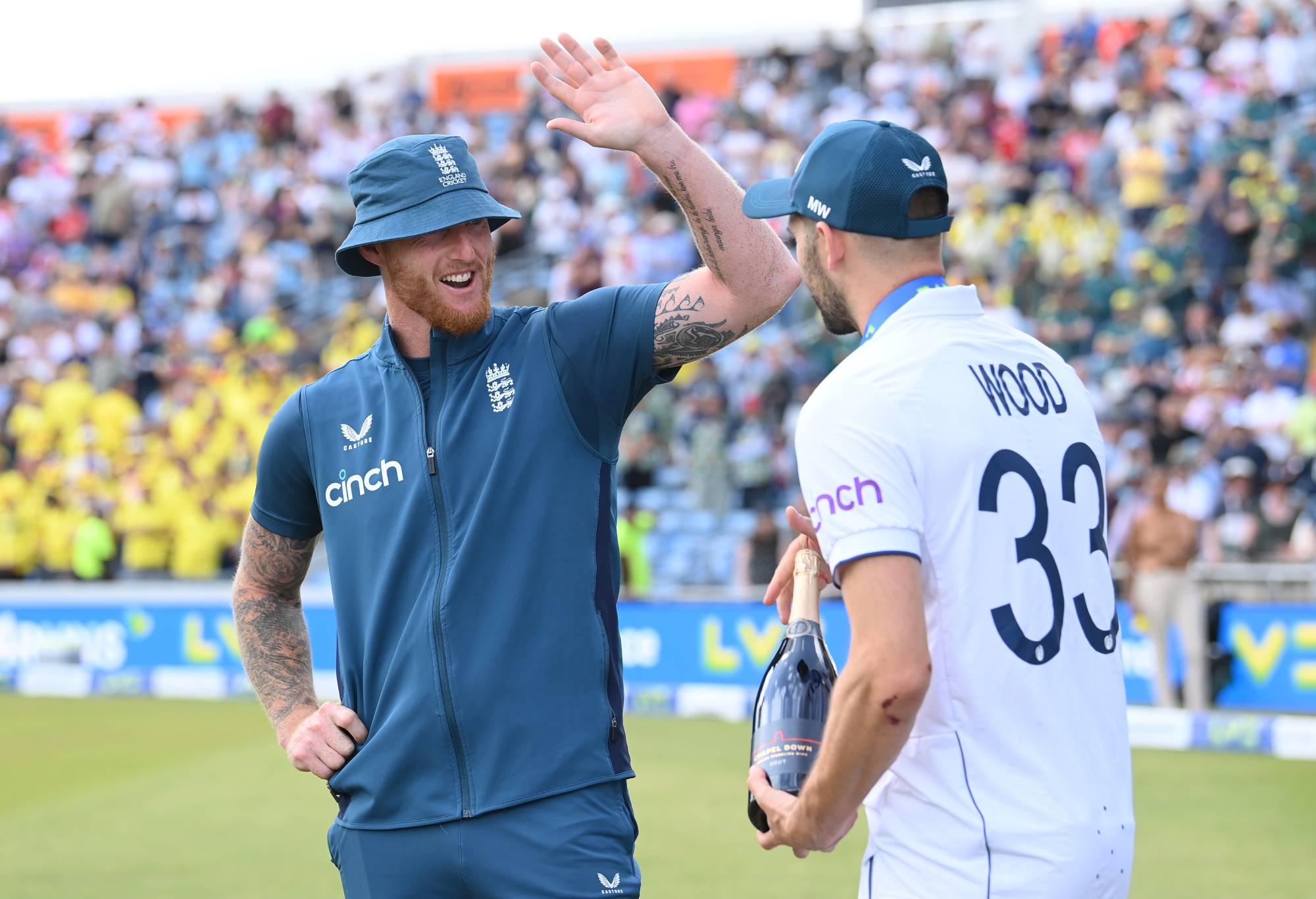 LEEDS, ENGLAND - JULY 09: Player of the match Mark Wood with England captain Ben Stokes after day four of the 3rd LV= Ashes Test Match at Headingley on July 09, 2023 in Leeds, England. (Photo by Stu Forster/2023 Getty Images)
