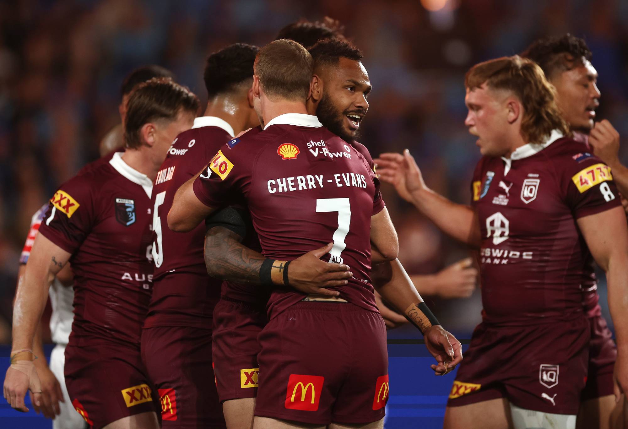 SYDNEY, AUSTRALIA - JULY 12: Hamiso Tabuai-Fidow of the Maroons celebrates with team mates after a try scored by David Fifita during game three of the State of Origin series between New South Wales Blues and Queensland Maroons at Accor Stadium on July 12, 2023 in Sydney, Australia. (Photo by Mark Kolbe/Getty Images)