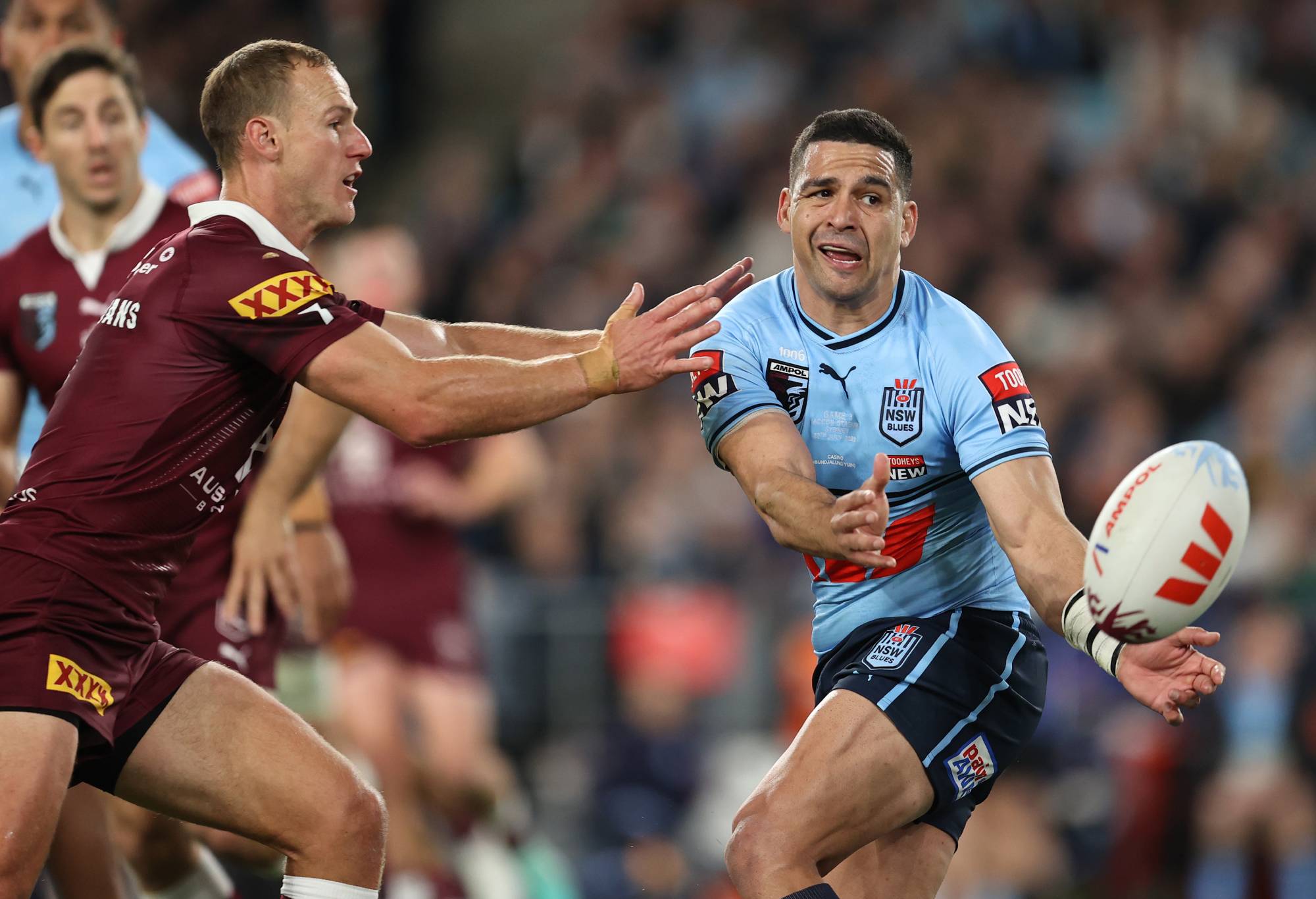 SYDNEY, AUSTRALIA - JULY 12: Cody Walker of the Blues passes the ball during game three of the State of Origin series between New South Wales Blues and Queensland Maroons at Accor Stadium on July 12, 2023 in Sydney, Australia. (Photo by Brendon Thorne/Getty Images)