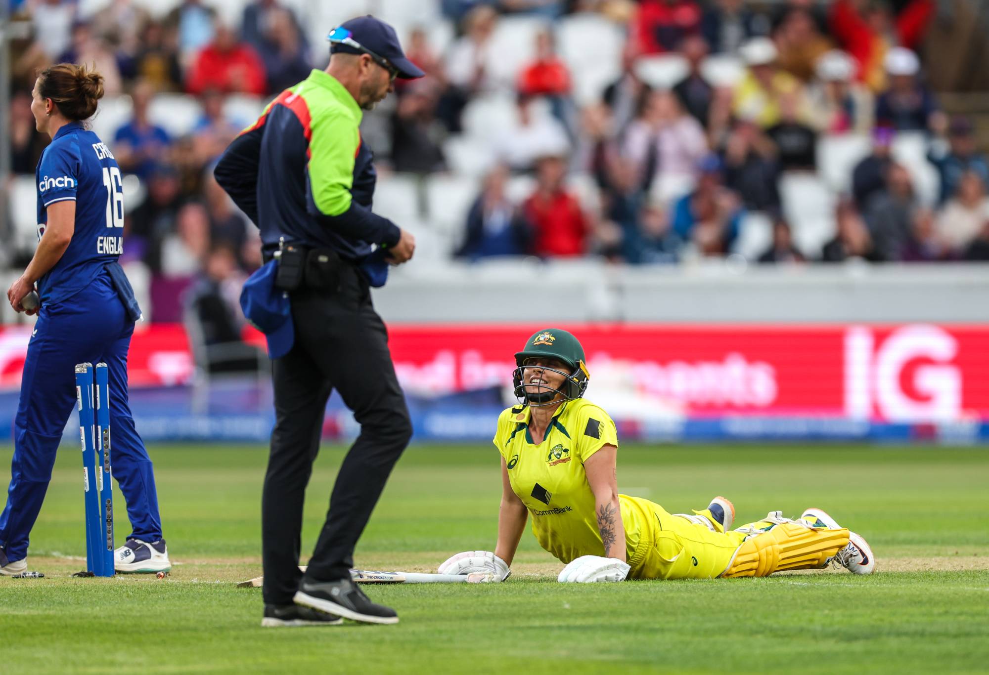 Australia's Ashleigh Gardner lays on the ground after being run out during the third one day international of the Women's Ashes Series at the at Cooper Associates County Ground, Taunton. Picture date: Tuesday July 18, 2023. (Photo by Steven Paston/PA Images via Getty Images)