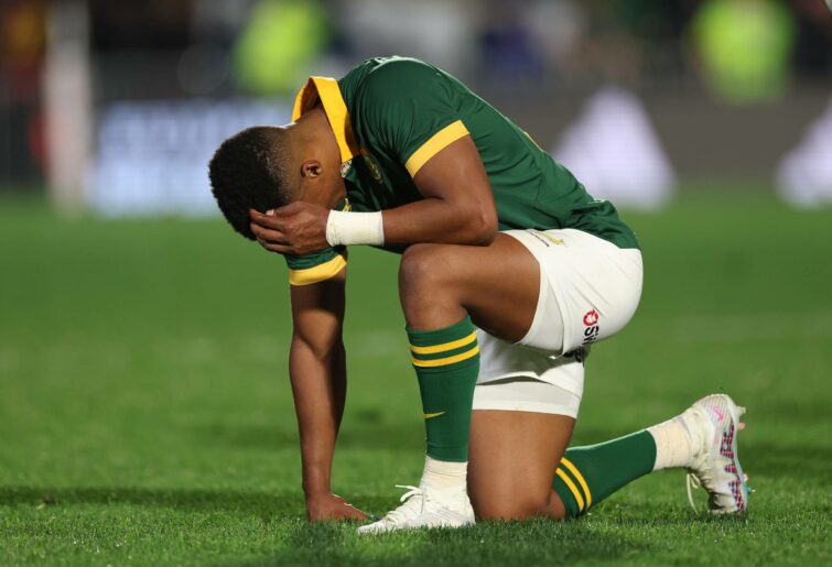 Grant Williams of South Africa looks dejected following The Rugby Championship match between the New Zealand All Blacks and South Africa Springboks at Mt Smart Stadium on July 15, 2023 in Auckland, New Zealand. (Photo by Phil Walter/Getty Images)
