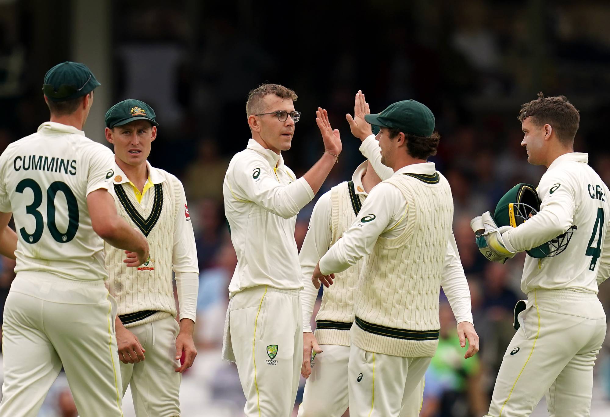 Australia's Todd Murphy celebrates with team-mates after taking the wicket of England's Moeen Ali during day one of the fifth LV= Insurance Ashes Series test match at The Kia Oval, London. Picture date: Thursday July 27, 2023. (Photo by John Walton/PA Images via Getty Images)
