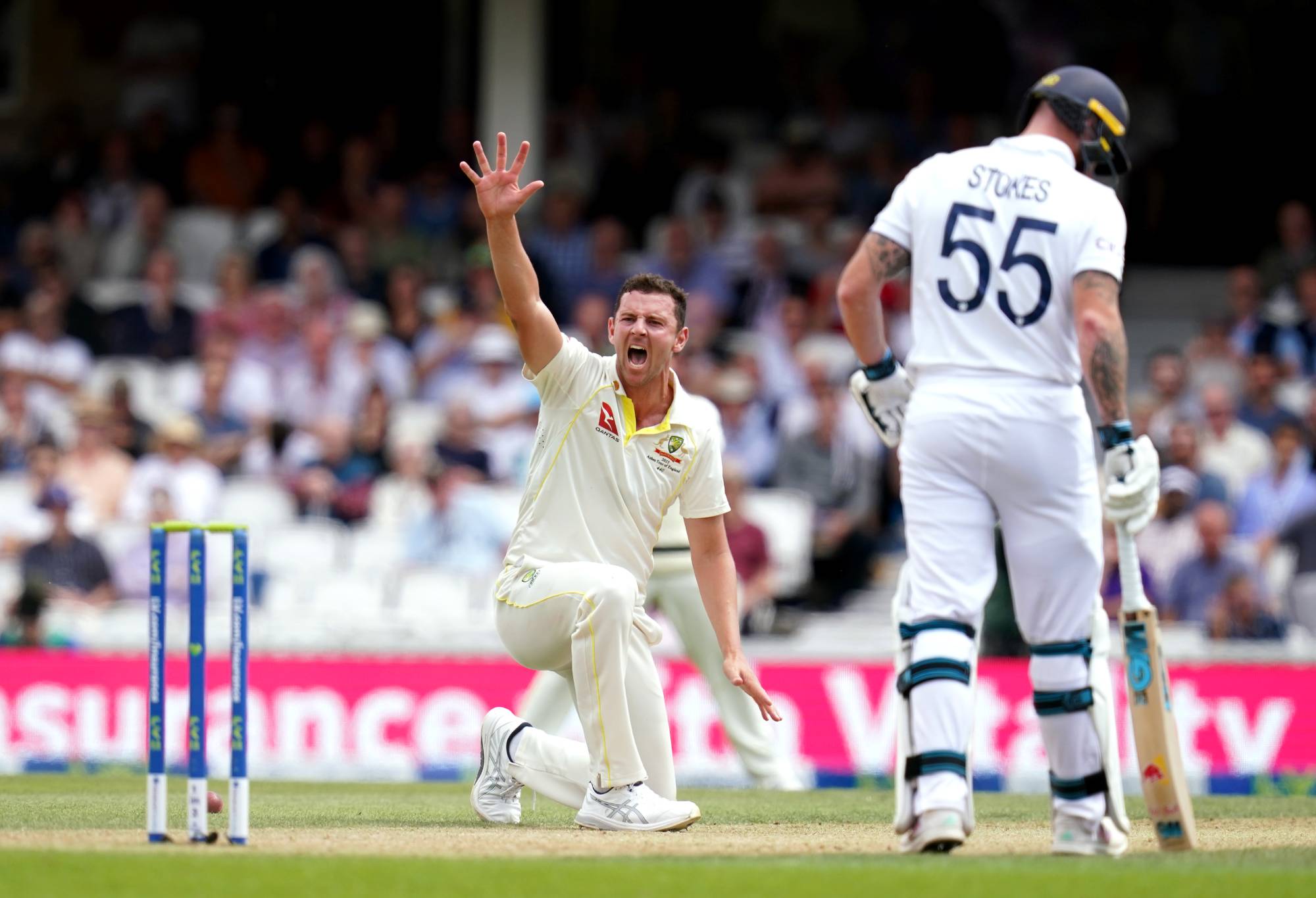 Australia's Josh Hazlewood (left) appeals for the wicket of England's Joe Root during day three of the fifth LV= Insurance Ashes Series test match at The Kia Oval, London. Picture date: Saturday July 29, 2023. (Photo by John Walton/PA Images via Getty Images)