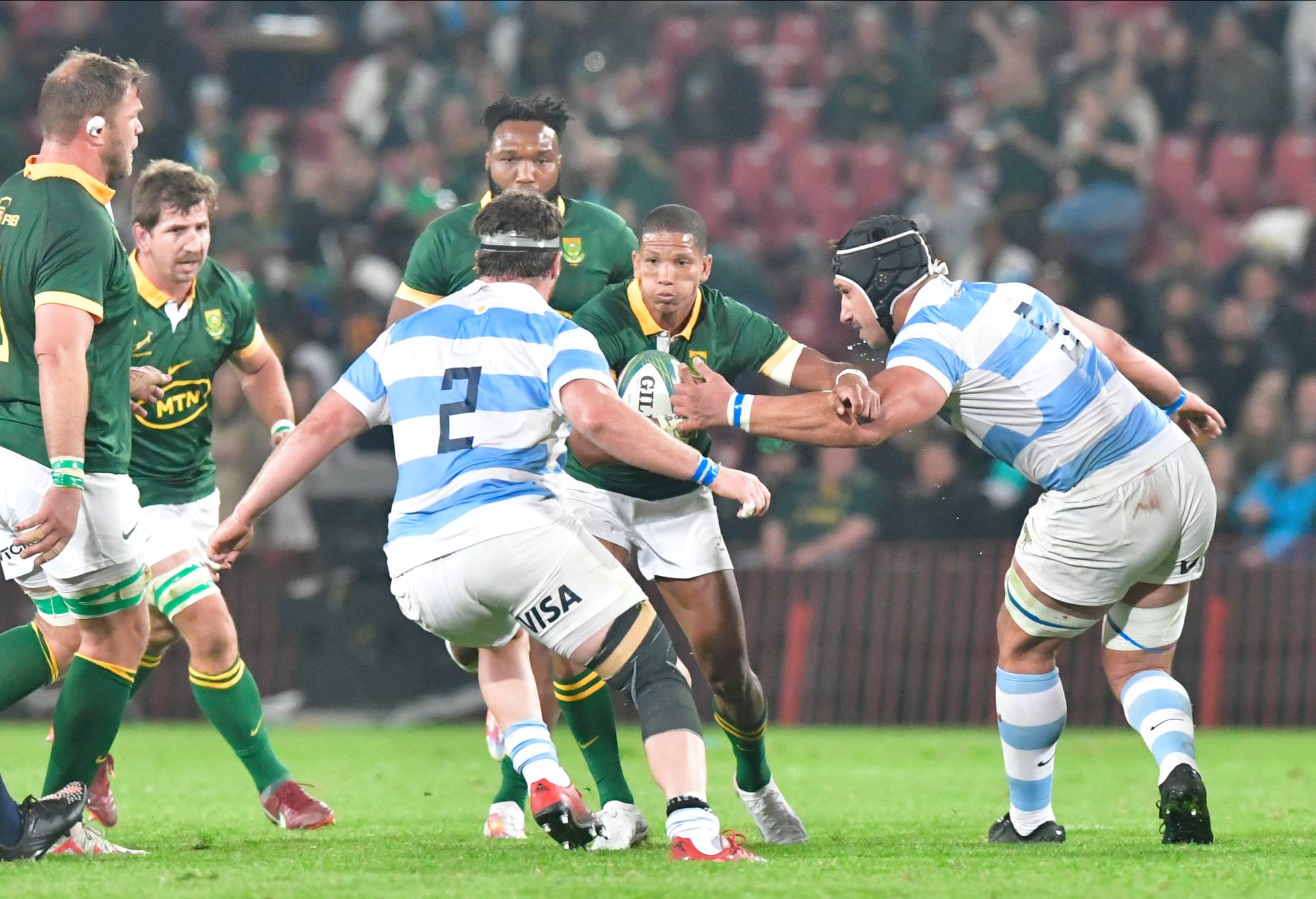 Manie Libbok of South Africa with possession during The Rugby Championship match between South Africa and Argentina at Emirates Airline Park on July 29, 2023 in Johannesburg, South Africa. (Photo by Sydney Seshibedi/Gallo Images/Getty Images)