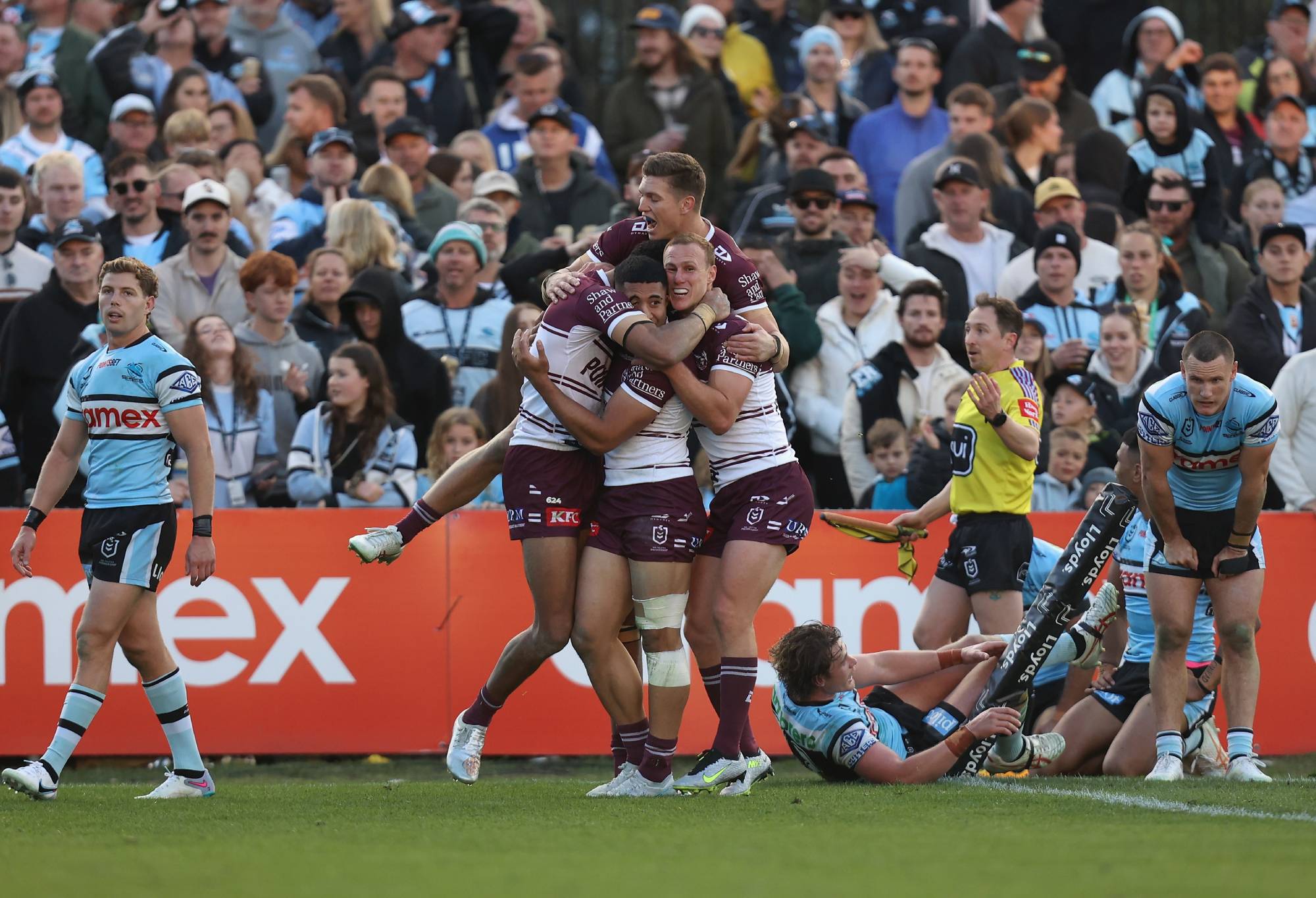 SYDNEY, AUSTRALIA - JULY 23: The Manly Sea celebrate after scoring a try during the round 21 NRL match between Cronulla Sharks and Manly Sea Eagles at PointsBet Stadium on July 23, 2023 in Sydney, Australia. (Photo by Tim Allsop/Getty Images)