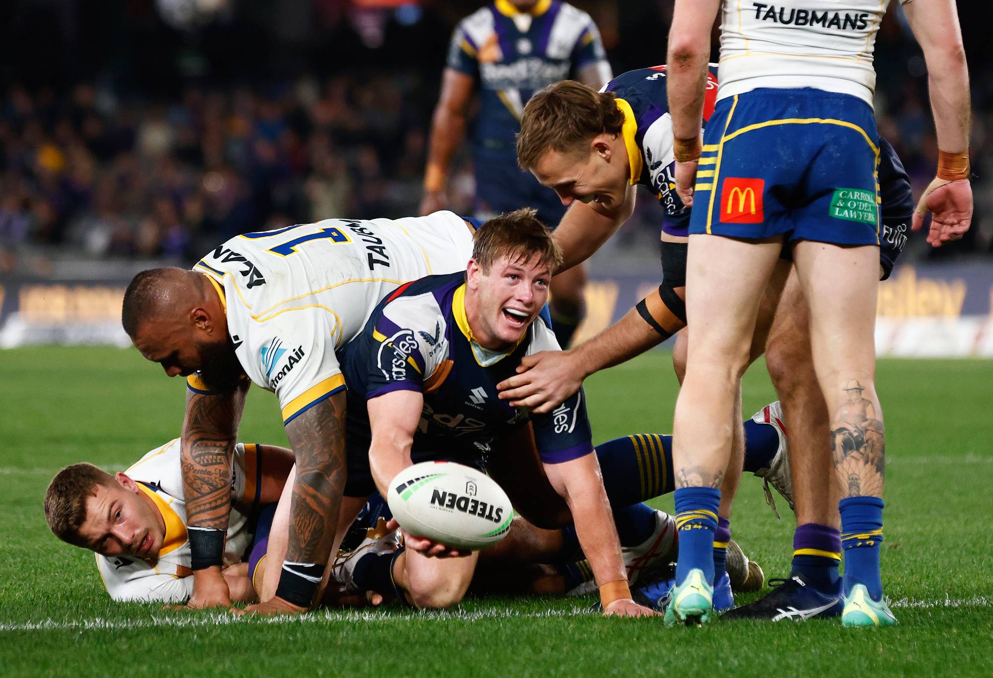 MELBOURNE, AUSTRALIA - JULY 28: Harry Grant of the Storm celebrates scoring a try during the round 22 NRL match between Melbourne Storm and Parramatta Eels at Marvel Stadium on July 28, 2023 in Melbourne, Australia. (Photo by Daniel Pockett/Getty Images)