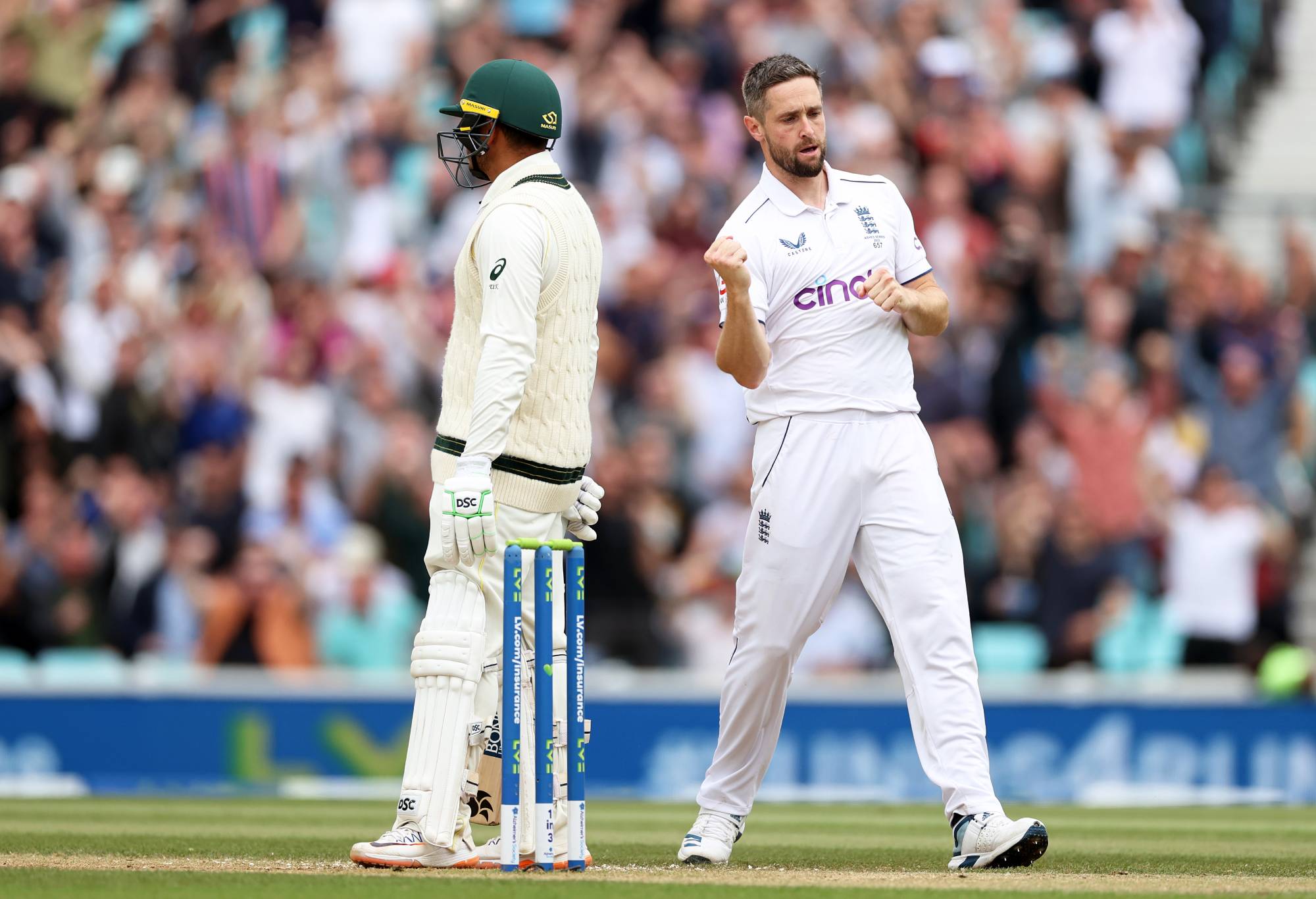 LONDON, ENGLAND - JULY 31: Chris Woakes of England celebrates the wicket of Usman Khawaja of Australia during Day Five of the LV= Insurance Ashes 5th Test Match between England and Australia at The Kia Oval on July 31, 2023 in London, England. (Photo by Ryan Pierse/Getty Images)