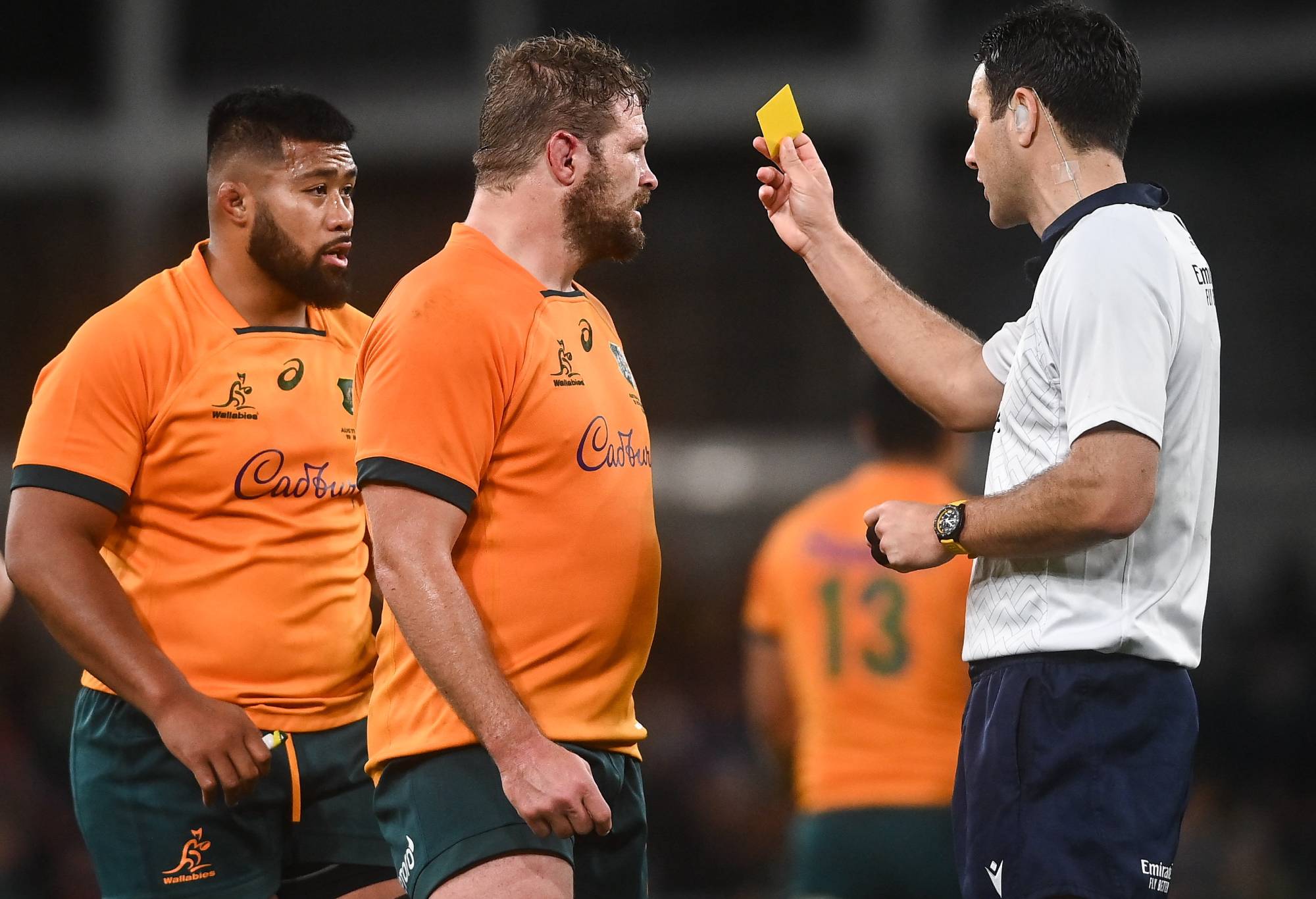 Folau Fainga'a of Australia, left, is shown a yellow card by referee Ben O'Keeffe during the Bank of Ireland Nations Series match between Ireland and Australia at the Aviva Stadium in Dublin. (Photo By David Fitzgerald/Sportsfile via Getty Images)