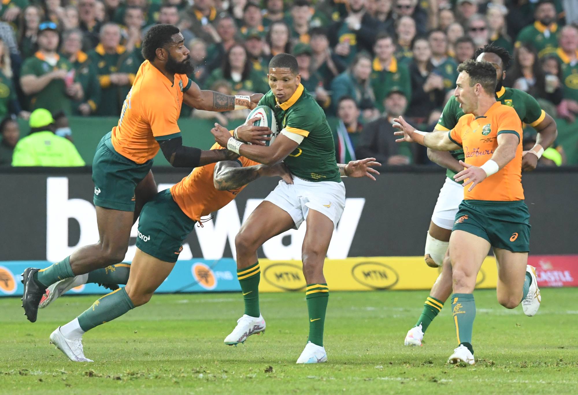 Manie Libbok of South Africa with the ball during the Rugby Championship match between South Africa and Australia at Loftus Versfeld Stadium on July 08, 2023 in Pretoria, South Africa. (Photo by Sydney Seshibedi/Gallo Images/Getty Images)