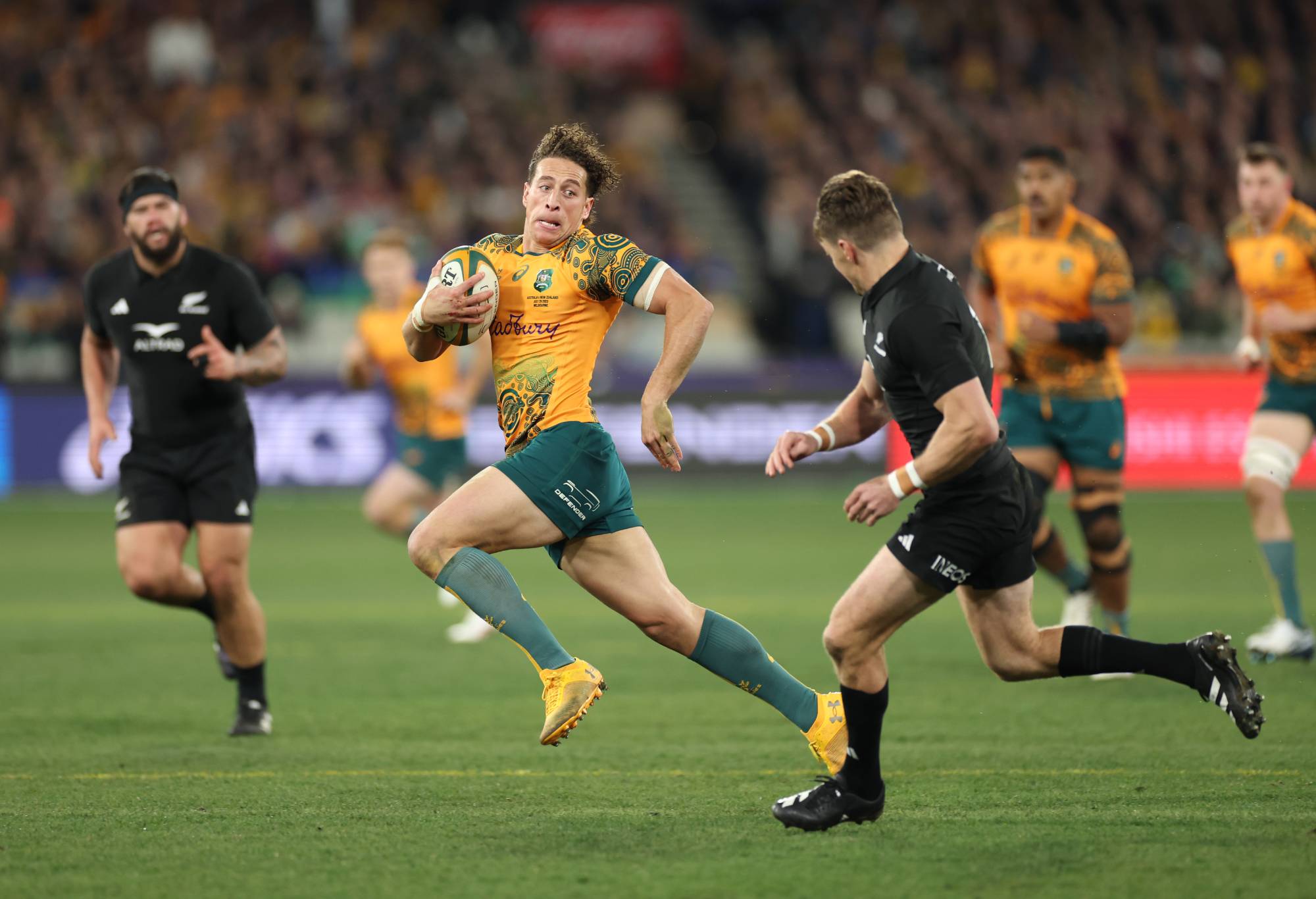 Mark Nawaqanitawase of the Wallabies runs with the ball during the Rugby Championship & Bledisloe Cup match between the Australia Wallabies and the New Zealand All Blacks at the Melbourne Cricket Ground on July 29, 2023 in Melbourne, Australia. (Photo by Mackenzie Sweetnam/Getty Images)