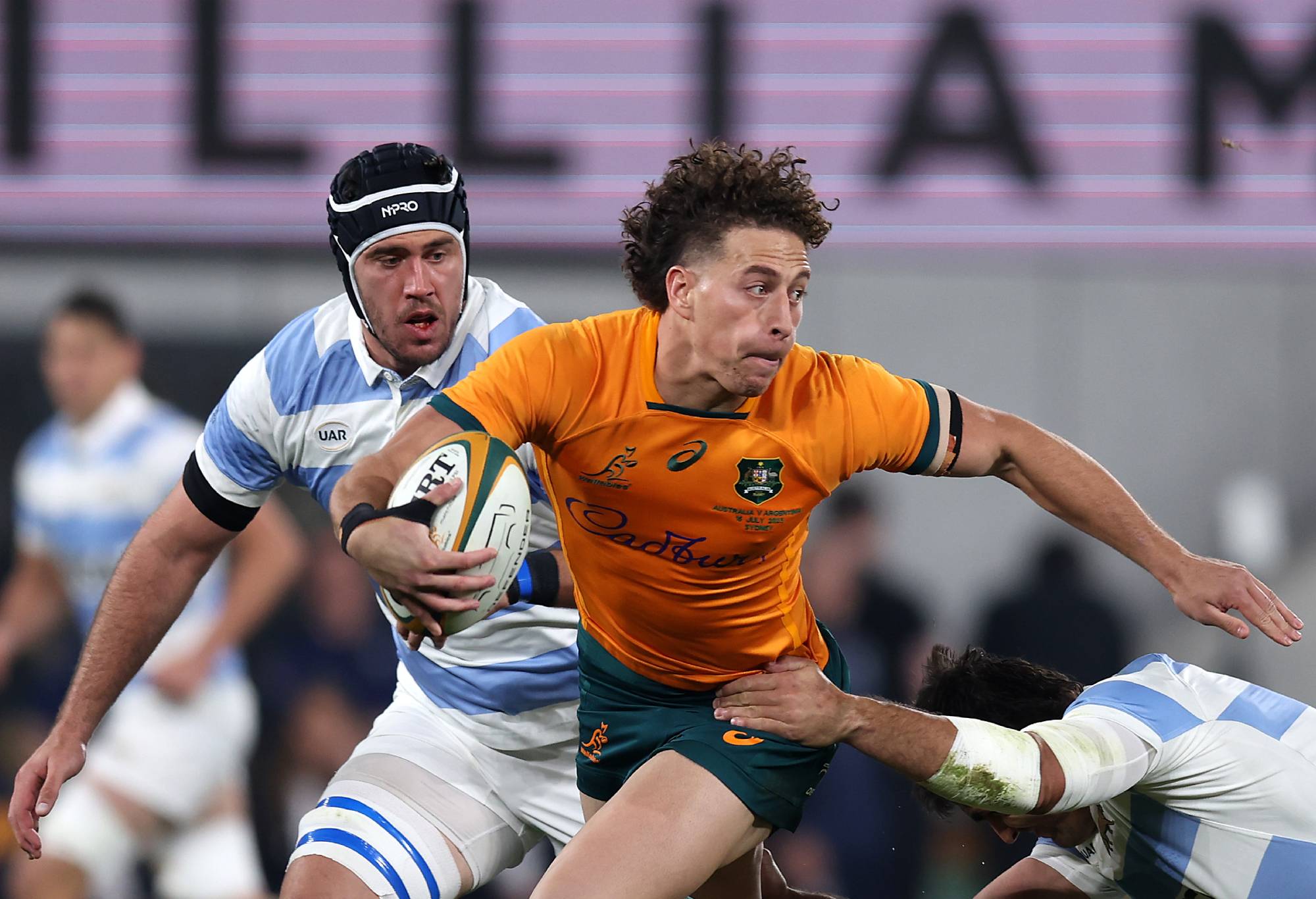 Mark Nawaqanitawase of the Wallabies is tackled during The Rugby Championship match between the Australia Wallabies and Argentina at CommBank Stadium on July 15, 2023 in Sydney, Australia. (Photo by Scott Gardiner/Getty Images)