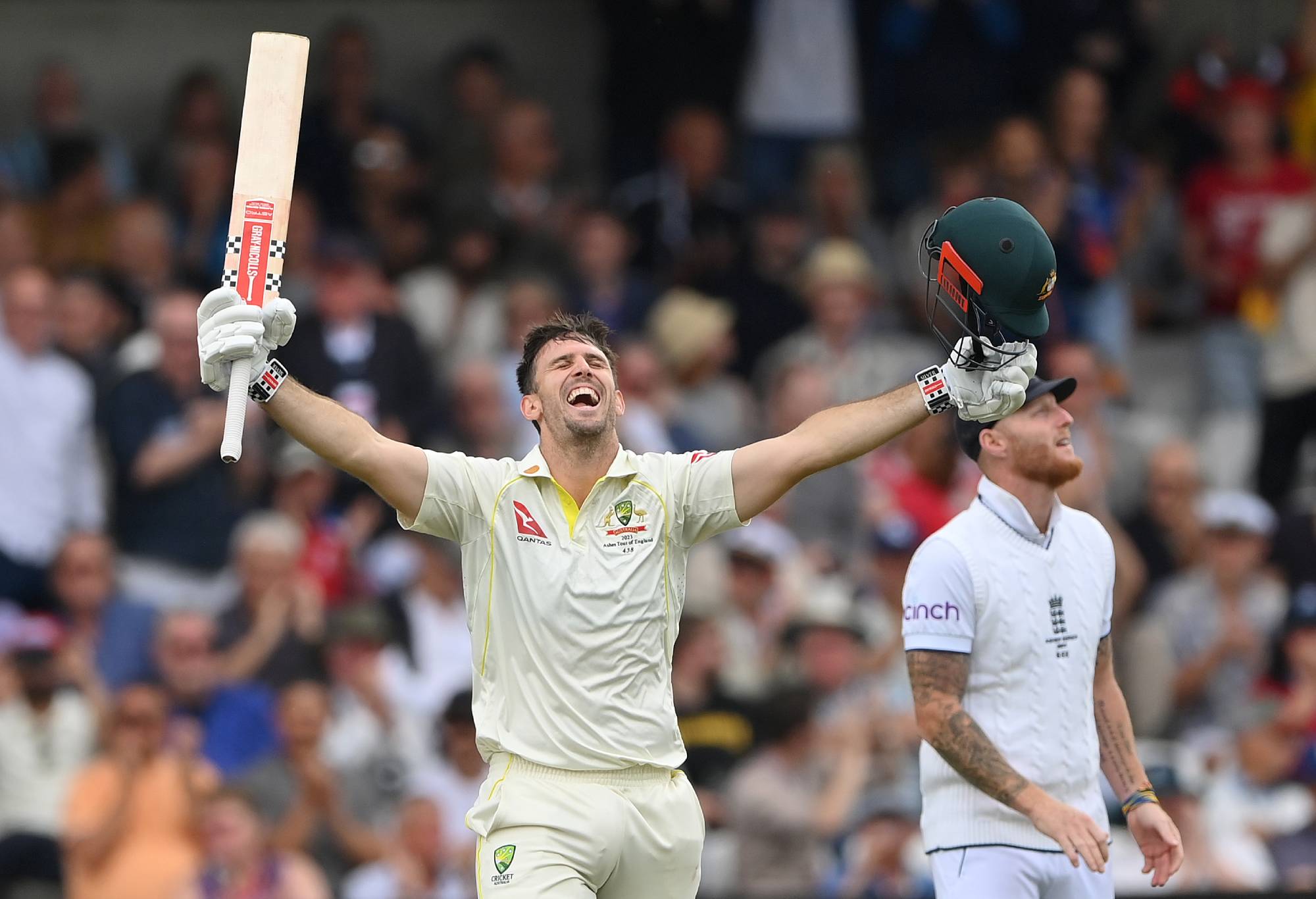 Australia batter Mitchell Marsh celebrates his century during day one of the LV= Insurance Ashes 3rd Test Match between England and Australia at Headingley on July 06, 2023 in Leeds, England. (Photo by Stu Forster/Getty Images)