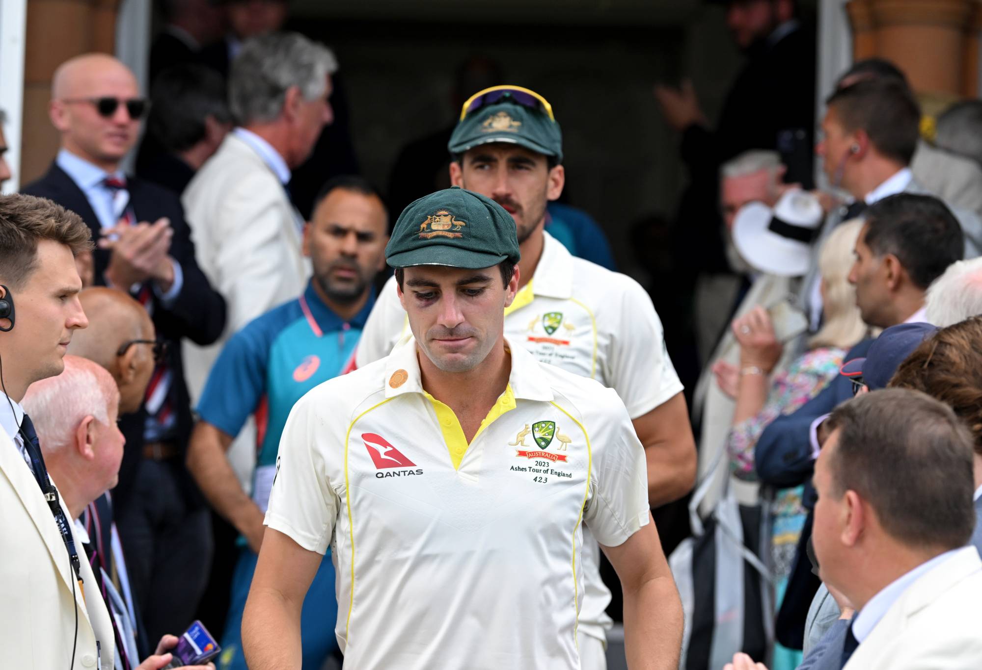 Pat Cummins of Australia and Mitchell Starc of Australia walk through the long room to the post match presentation after Day Five of the LV= Insurance Ashes 2nd Test match between England and Australia at Lord's Cricket Ground on July 02, 2023 in London, England. (Photo by Gareth Copley/Getty Images)