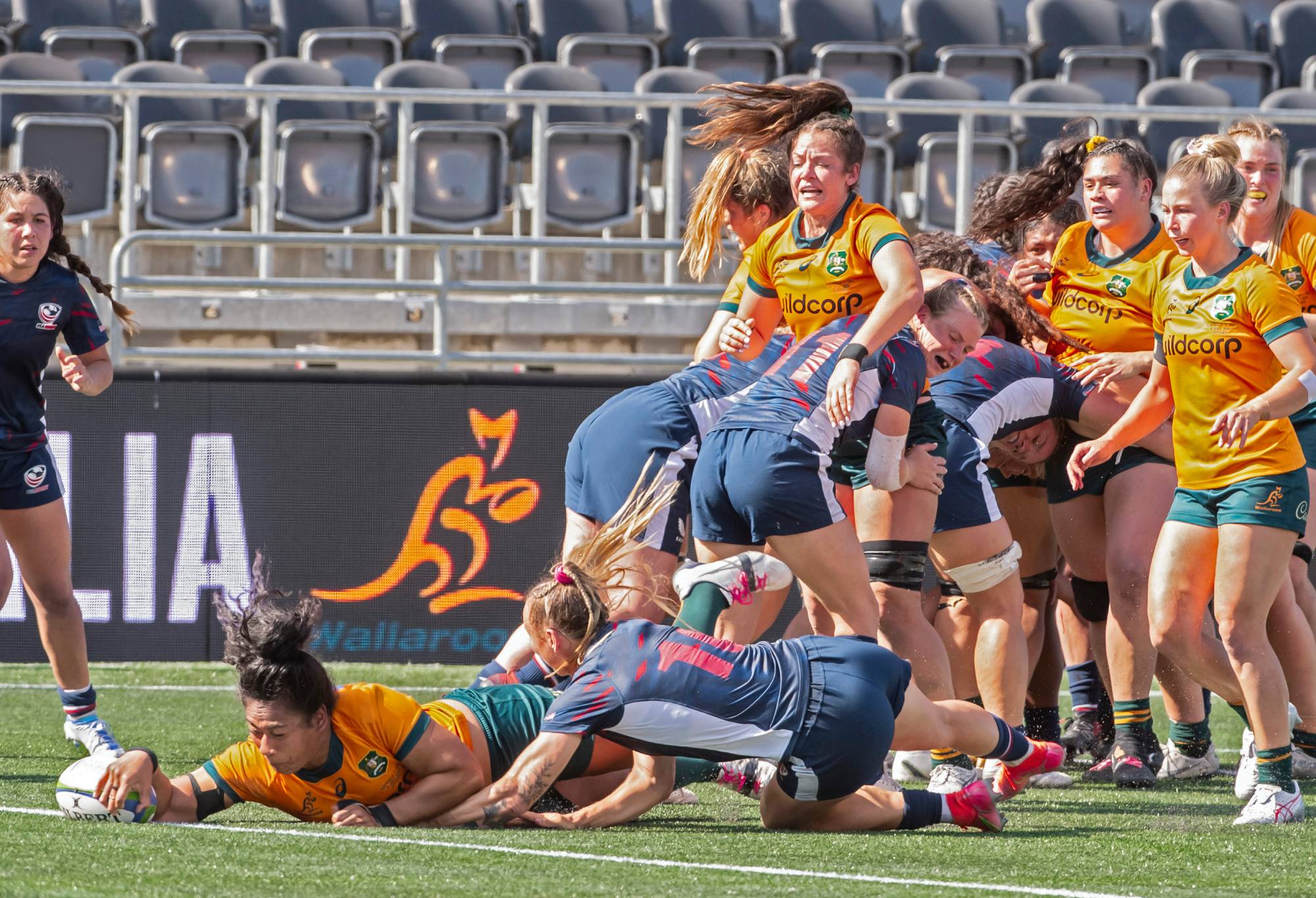 Eva Karpani of the Australia Wallaroos scores a try against U.S during the first half of a game of the World Rugby Pacific Four Series at TD Place Stadium on July 8, 2023 in Ottawa, Canada. (Photo by Andrea Cardin - World Rugby/World Rugby via Getty Images)