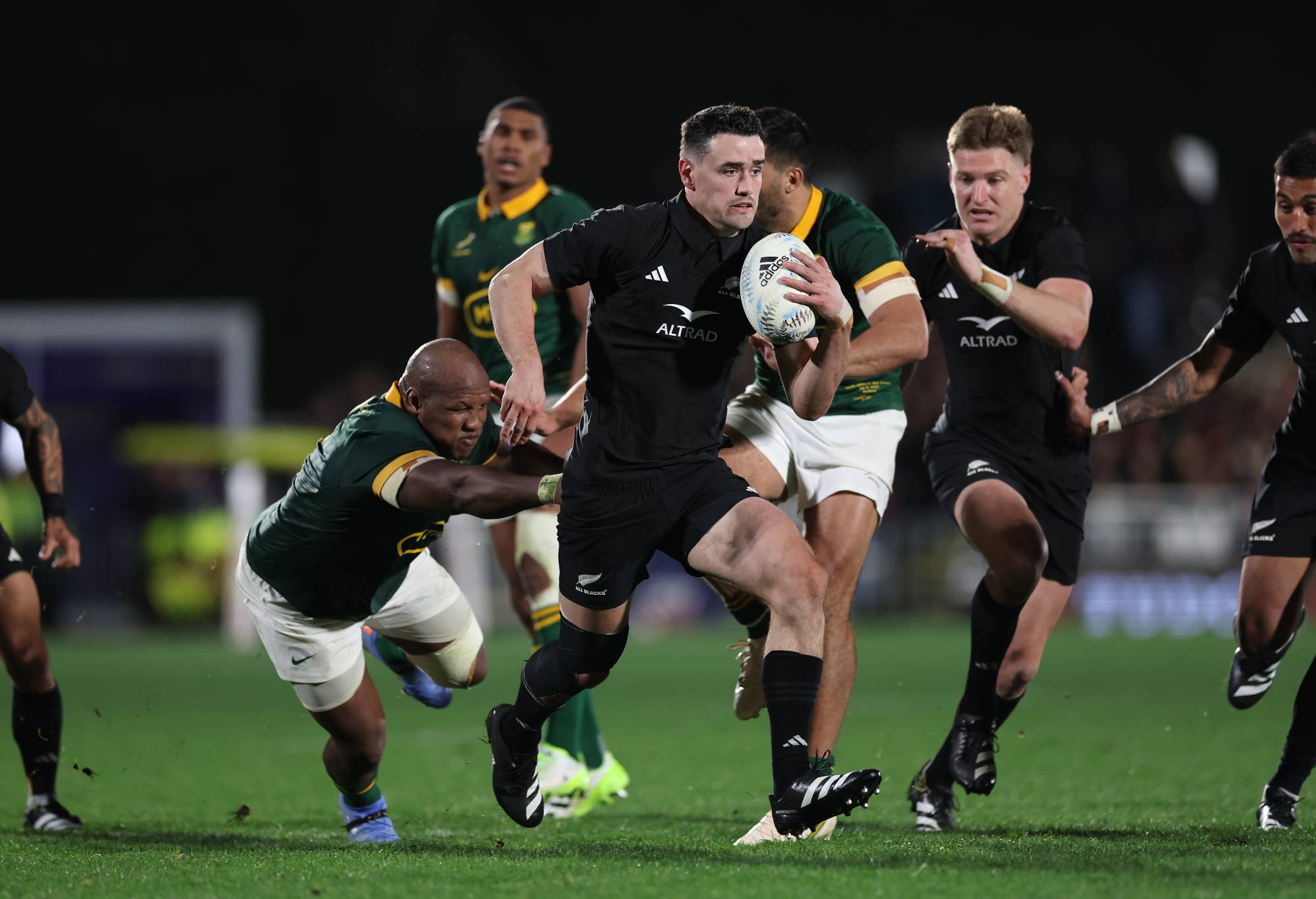 Will Jordan of New Zealand makes a break during The Rugby Championship match between the New Zealand All Blacks and South Africa Springboks at Mt Smart Stadium on July 15, 2023 in Auckland, New Zealand. (Photo by Phil Walter/Getty Images)