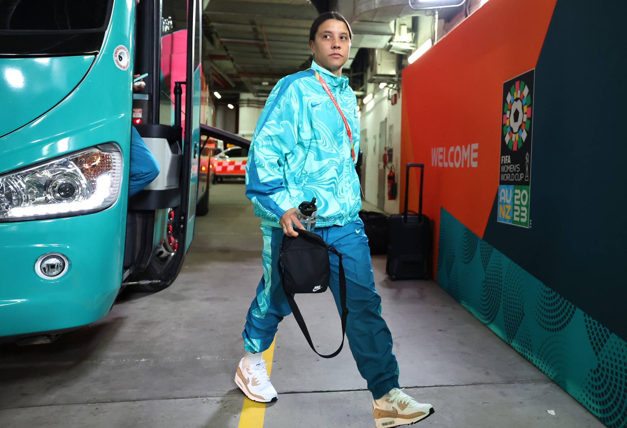 Sam Kerr of Australia arrives at the stadium prior to the FIFA Women's World Cup Australia & New Zealand 2023 Group B match between Australia and Ireland at Stadium Australia on July 20, 2023 in Sydney / Gadigal , Australia. (Photo by Maddie Meyer - FIFA/FIFA via Getty Images)
