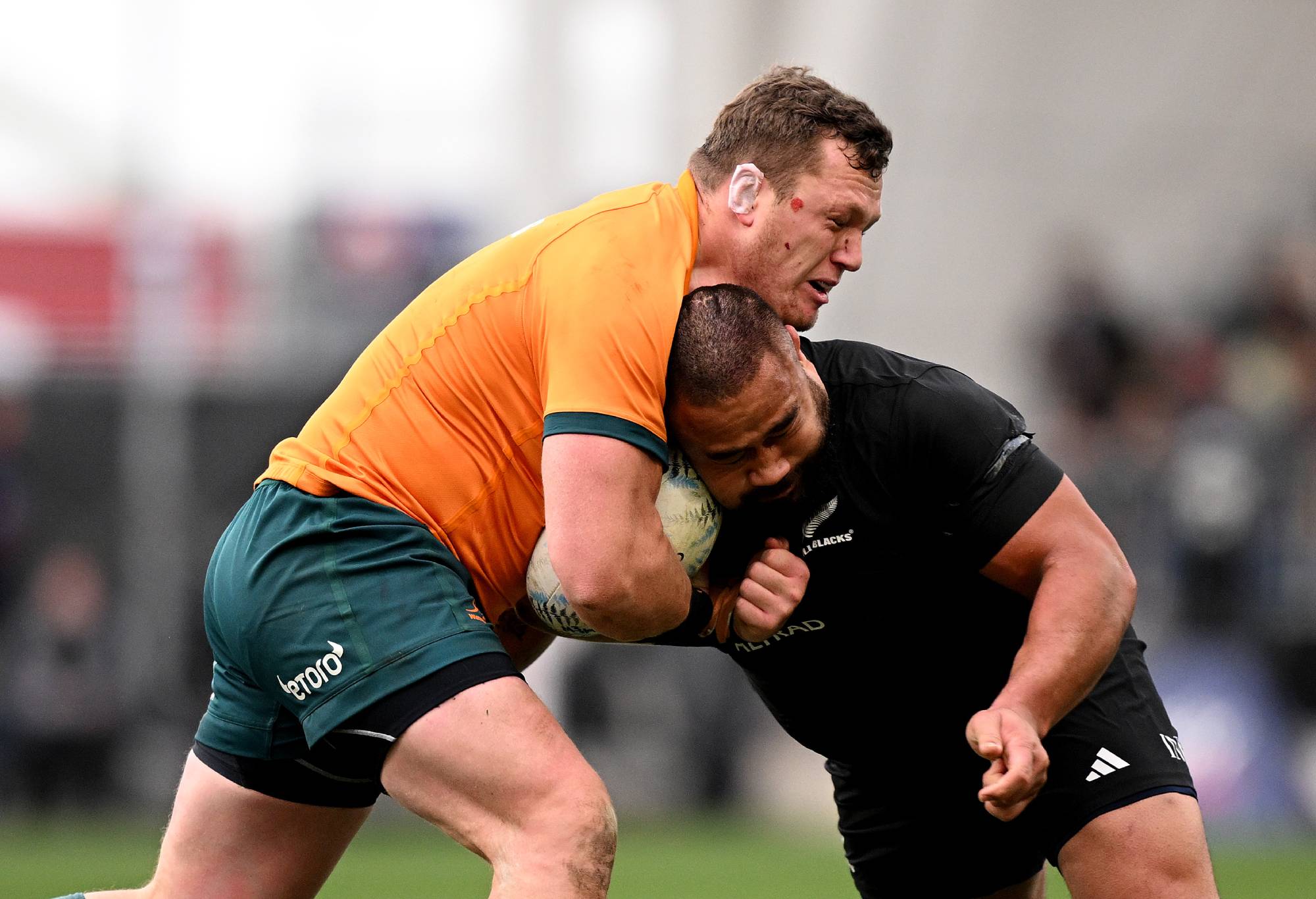 Angus Bell of Australia charges into Nepo Laulala of New Zealand during The Rugby Championship & Bledisloe Cup match between the New Zealand All Blacks and the Australia Wallabies at Forsyth Barr Stadium on August 05, 2023 in Dunedin, New Zealand. (Photo by Joe Allison/Getty Images)