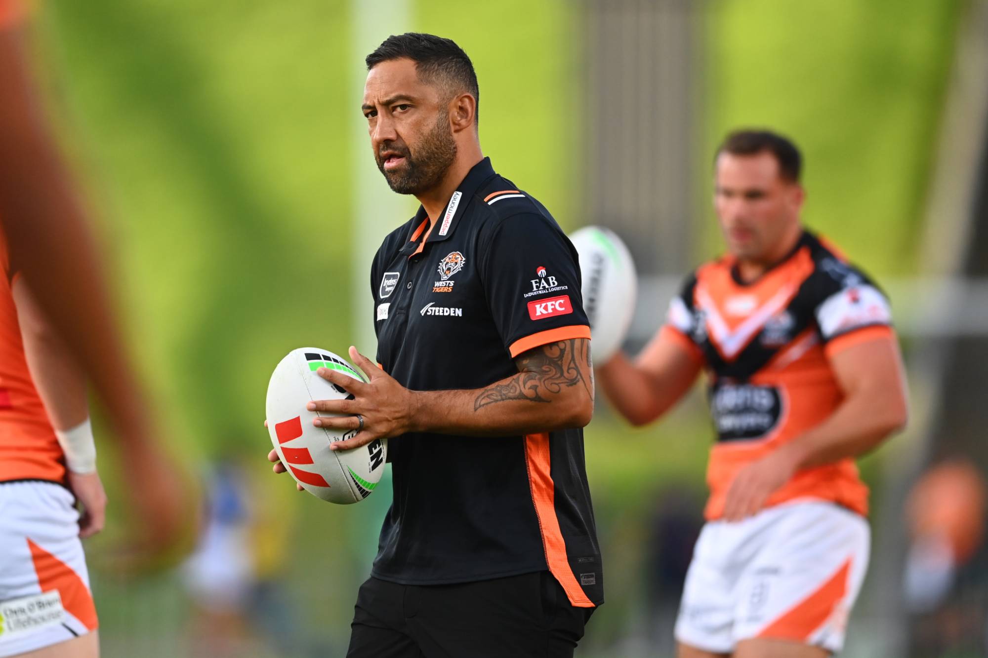 AUCKLAND, NEW ZEALAND - FEBRUARY 09: West Tigers assistant coach Benji Marshall looks on ahead of the NRL trial match between New Zealand Warriors and Wests Tigers at Mt Smart Stadium on February 09, 2023 in Auckland, New Zealand. (Photo by Hannah Peters/Getty Images)