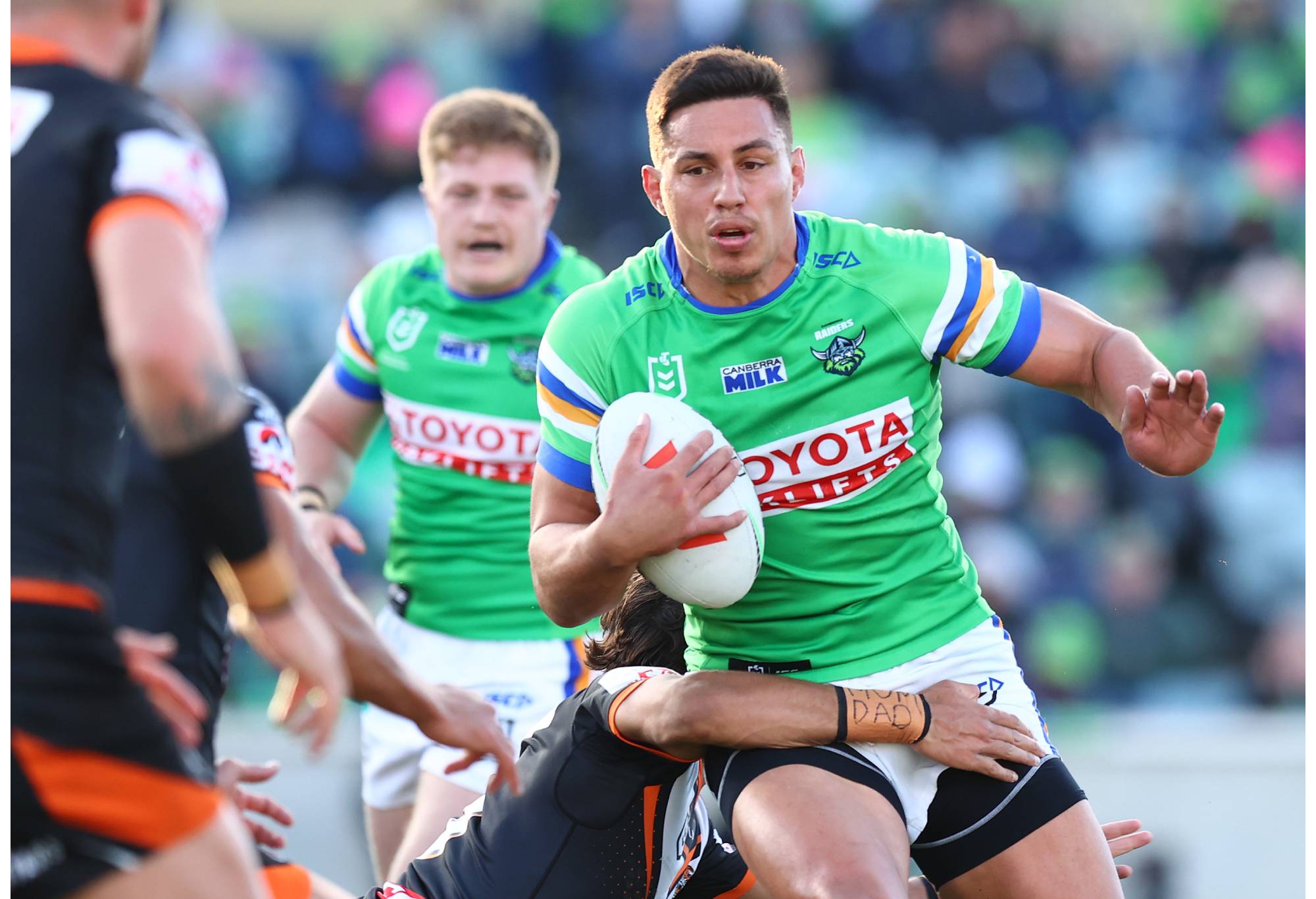 CANBERRA, AUSTRALIA - AUGUST 06: Joseph Tapine of the Raiders in action during the round 23 NRL match between Canberra Raiders and Wests Tigers at GIO Stadium on August 06, 2023 in Canberra, Australia. (Photo by Mark Nolan/Getty Images)