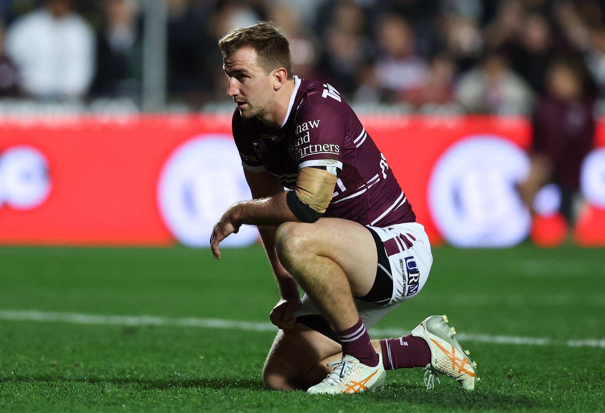 SYDNEY, AUSTRALIA - AUGUST 10: Lachlan Croker of the Sea Eagles reacts during the round 24 NRL match between Manly Sea Eagles and Penrith Panthers at 4 Pines Park on August 10, 2023 in Sydney, Australia. (Photo by Mark Metcalfe/Getty Images)