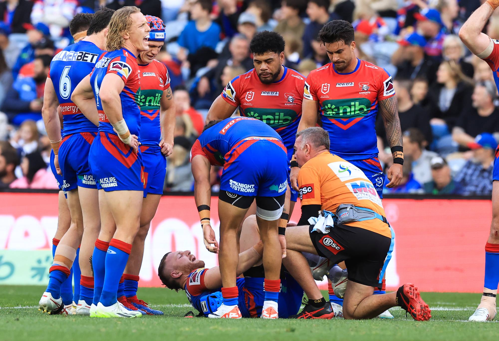 NEWCASTLE, AUSTRALIA - AUGUST 13: Jackson Hastings of the Knights is injured during the round 24 NRL match between Newcastle Knights and Canterbury Bulldogs at McDonald Jones Stadium on August 13, 2023 in Newcastle, Australia. (Photo by Jenny Evans/Getty Images)