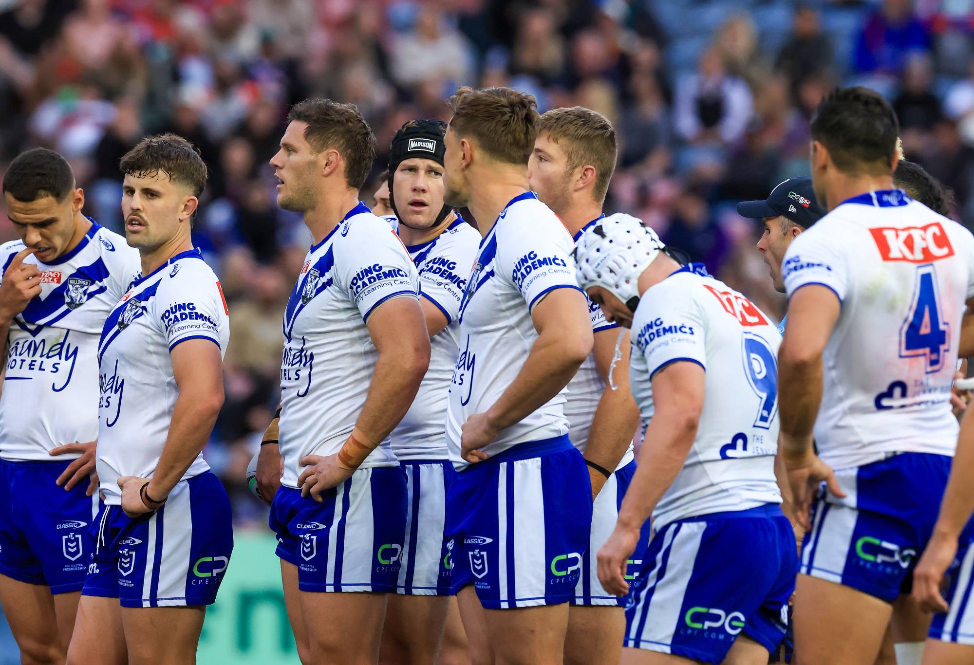 NEWCASTLE, AUSTRALIA - AUGUST 13: Bulldogs look on after a Knights try during the round 24 NRL match between Newcastle Knights and Canterbury Bulldogs at McDonald Jones Stadium on August 13, 2023 in Newcastle, Australia. (Photo by Jenny Evans/Getty Images)