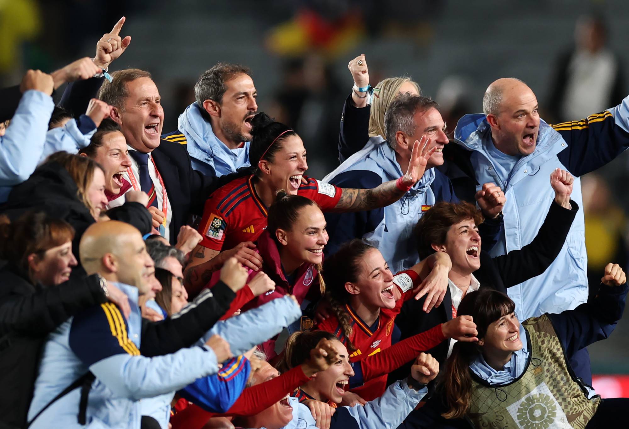 Spain players celebrate the team’s 2-1 victory and advance to the final following the FIFA Women's World Cup Australia & New Zealand 2023 Semi Final match between Spain and Sweden at Eden Park on August 15, 2023 in Auckland, New Zealand. (Photo by Phil Walter/Getty Images)