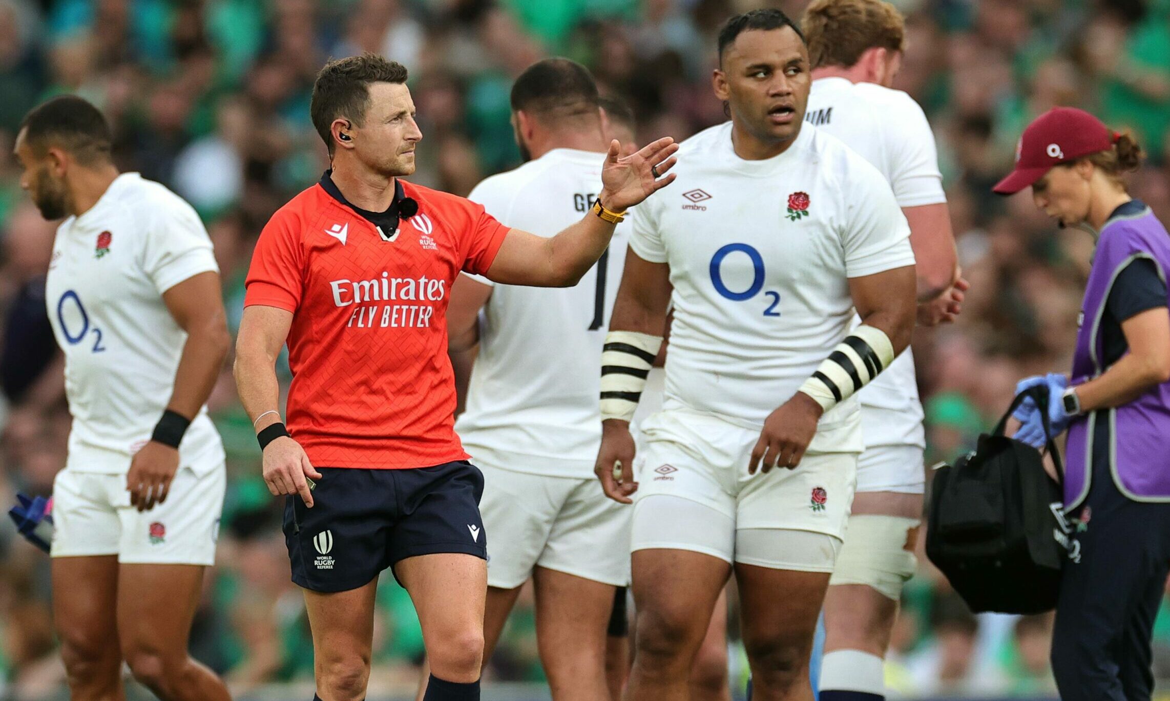 Billy Vunipola of England looks on before being shown a yellow card.