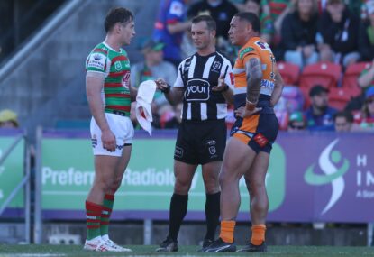 NRL News: Three match officials pay price for eighth-tackle try blunder, Tigers chair threatens fans podcast with legal action