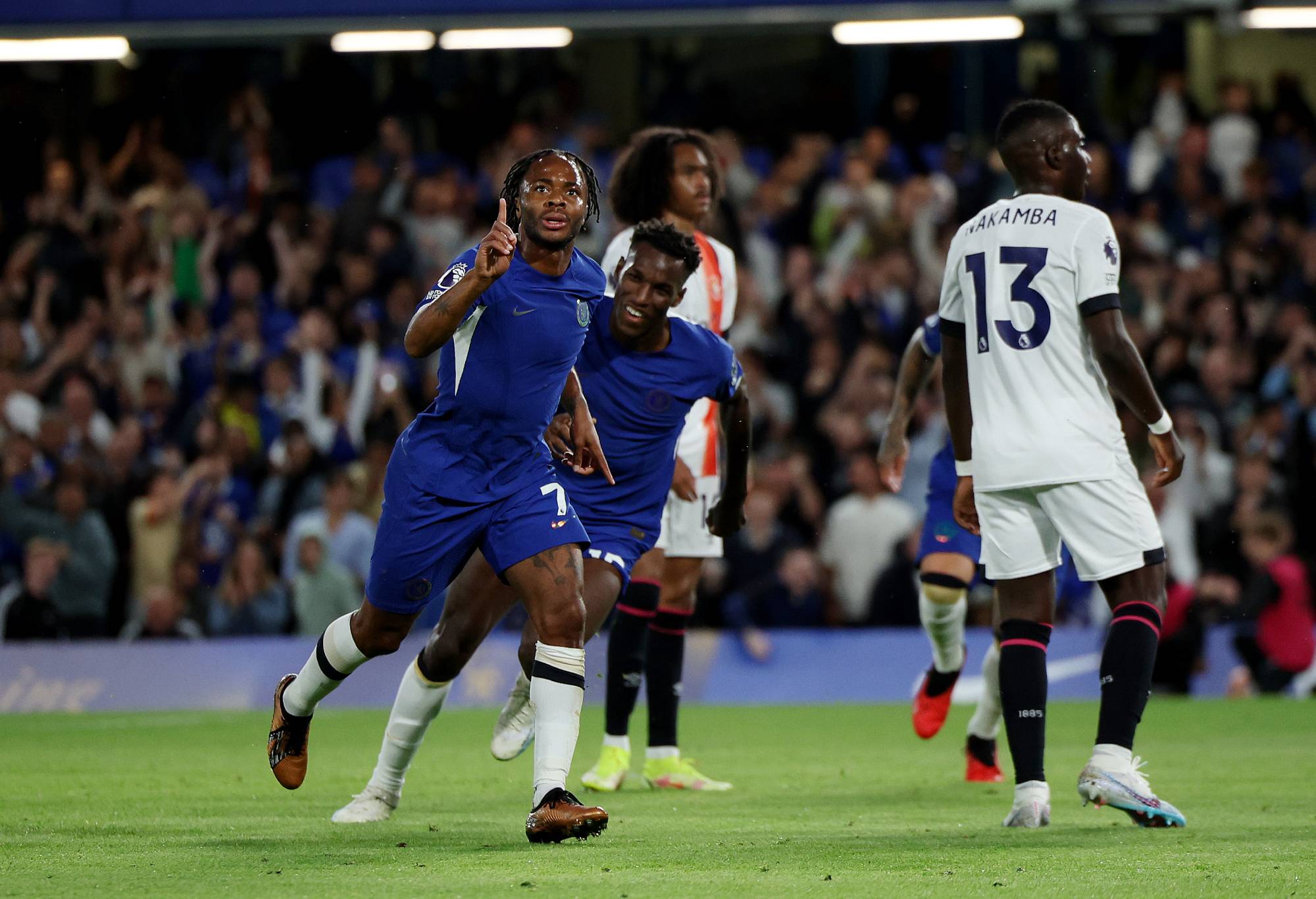 LONDON, ENGLAND - AUGUST 25: Raheem Sterling of Chelsea celebrates after scoring the team's first goal during the Premier League match between Chelsea FC and Luton Town at Stamford Bridge on August 25, 2023 in London, England. (Photo by Eddie Keogh/Getty Images)