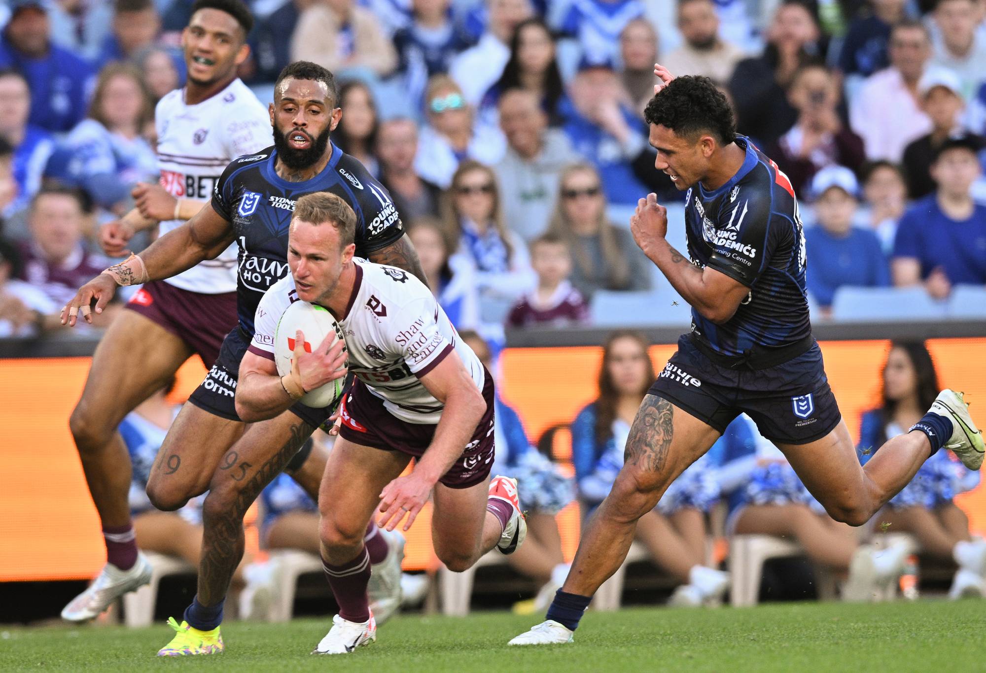 SYDNEY, AUSTRALIA - AUGUST 27: Daly Cherry-Evans of the Manly Sea Eagles scores a try during the round 26 NRL match between Canterbury Bulldogs and Manly Sea Eagles at Accor Stadium on August 27, 2023 in Sydney, Australia. (Photo by Izhar Khan/Getty Images)