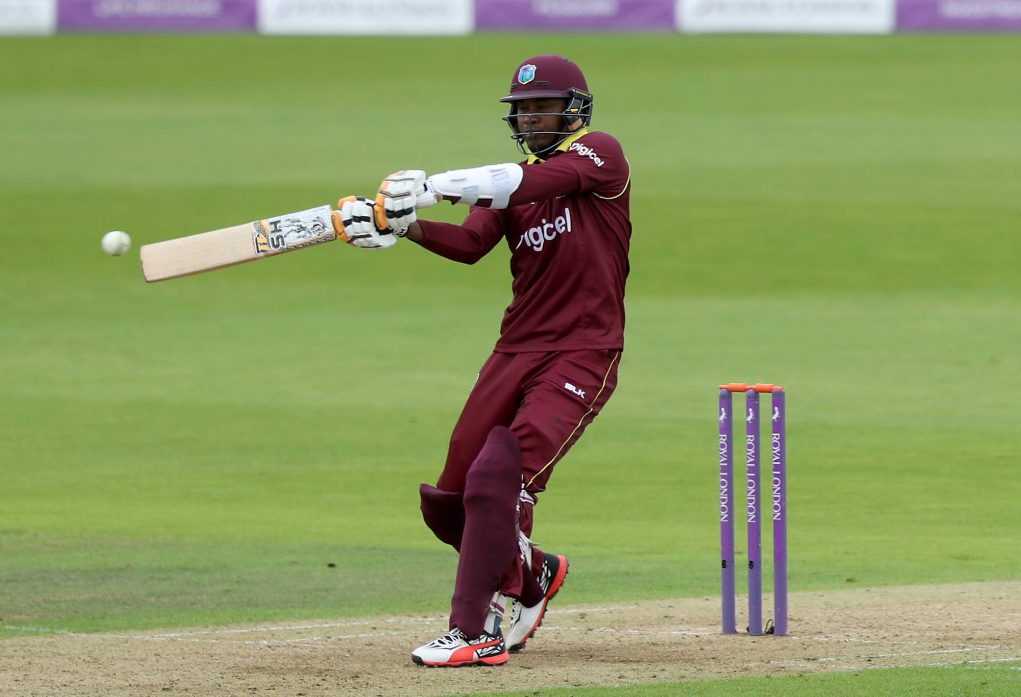 West Indies' Marlon Samuels hits out during the fifth Royal London One Day International at the Ageas Bowl, Southampton. (Photo by Simon Cooper/PA Images via Getty Images)