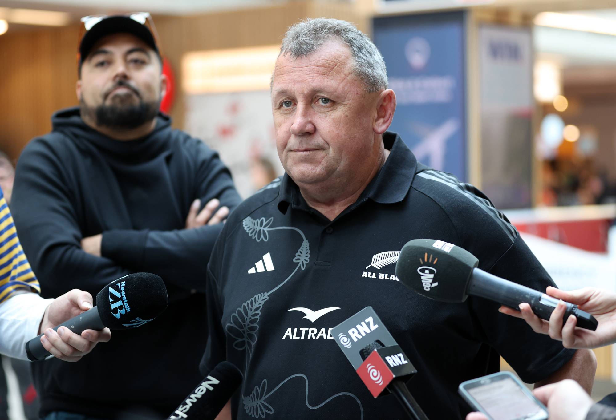 All Blacks coach Ian Foster speaks to media as the All Blacks depart for the Rugby World Cup at Auckland International Airport on August 18, 2023 in Auckland, New Zealand. (Photo by Fiona Goodall/Getty Images)